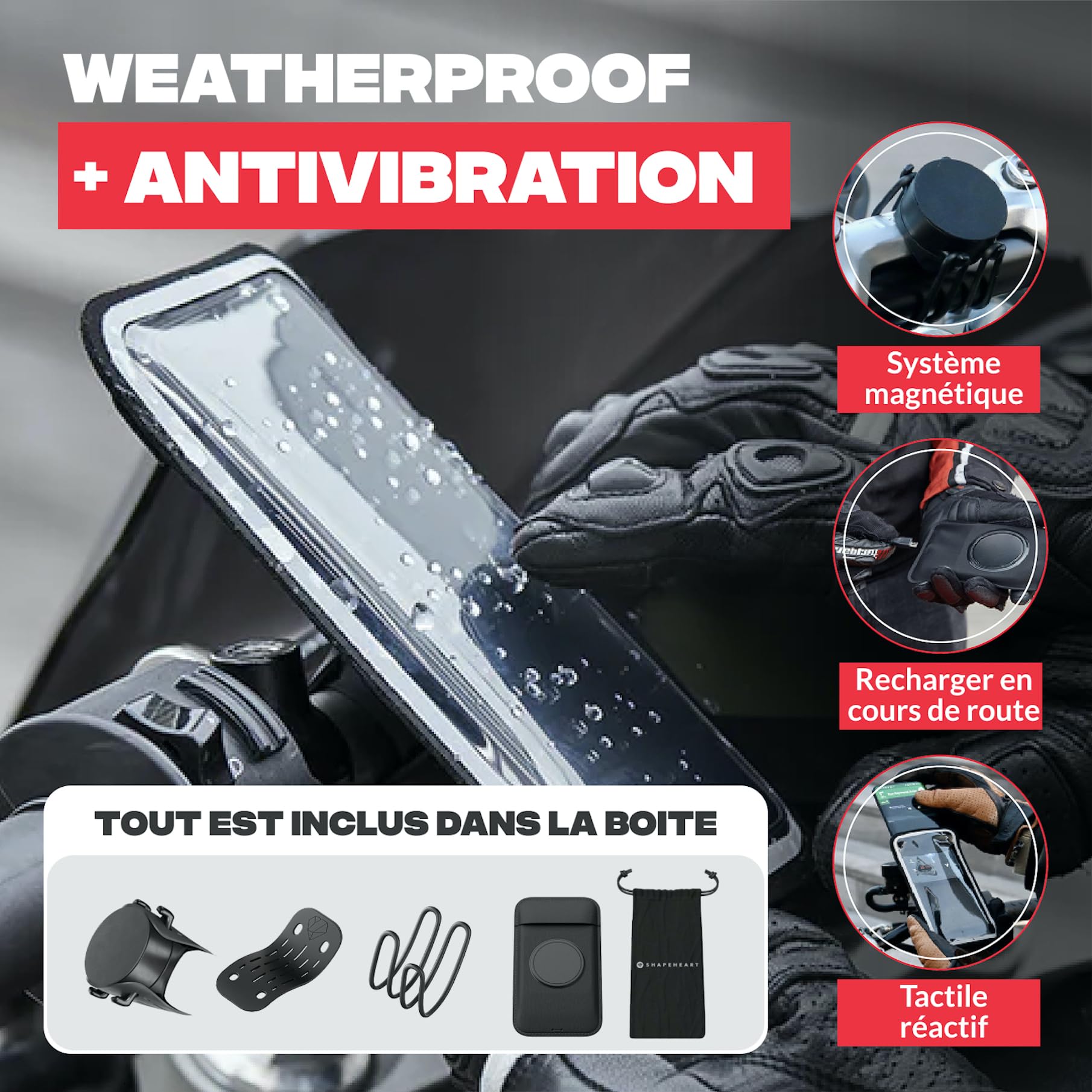Shapeheart Support Téléphone Moto Magnétique Universel - Pochette Étanche Tactile 2XL - Fixation Guidon Moto, Scooter, Trottinette - Housse Smartphone Imperméable - Maintien Stable et Rapide