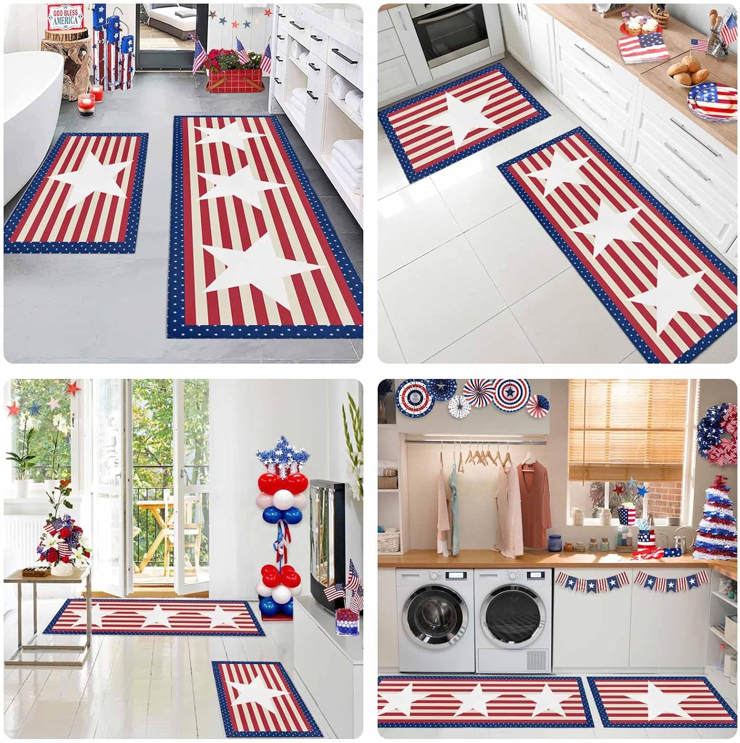 2 Pieces Kitchen Rugs and Mats,White American Star on Red Stripes Area Runner Rug Set Non Slip Floor Doormat Washable Carpet Standing Mat for Kitchen Sink Indoor Corridor,Independence Day Theme