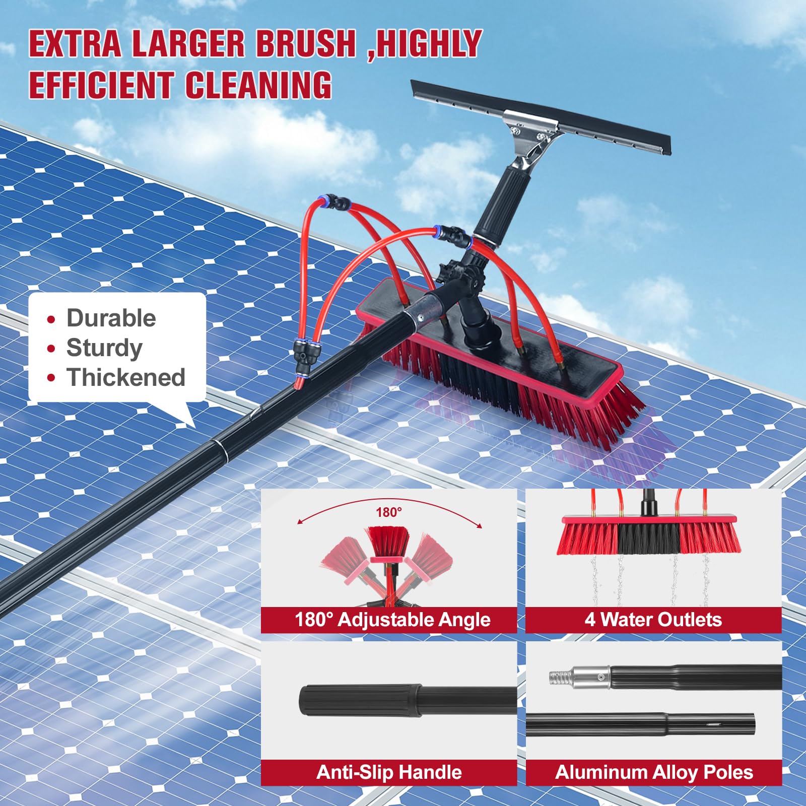 Cepillo de lavado telescópico, 6 m, limpieza de sistemas de PV, cepillo de doble función y extractor | varilla de aluminio extensible para sistemas solares, coche y jardín de invierno |