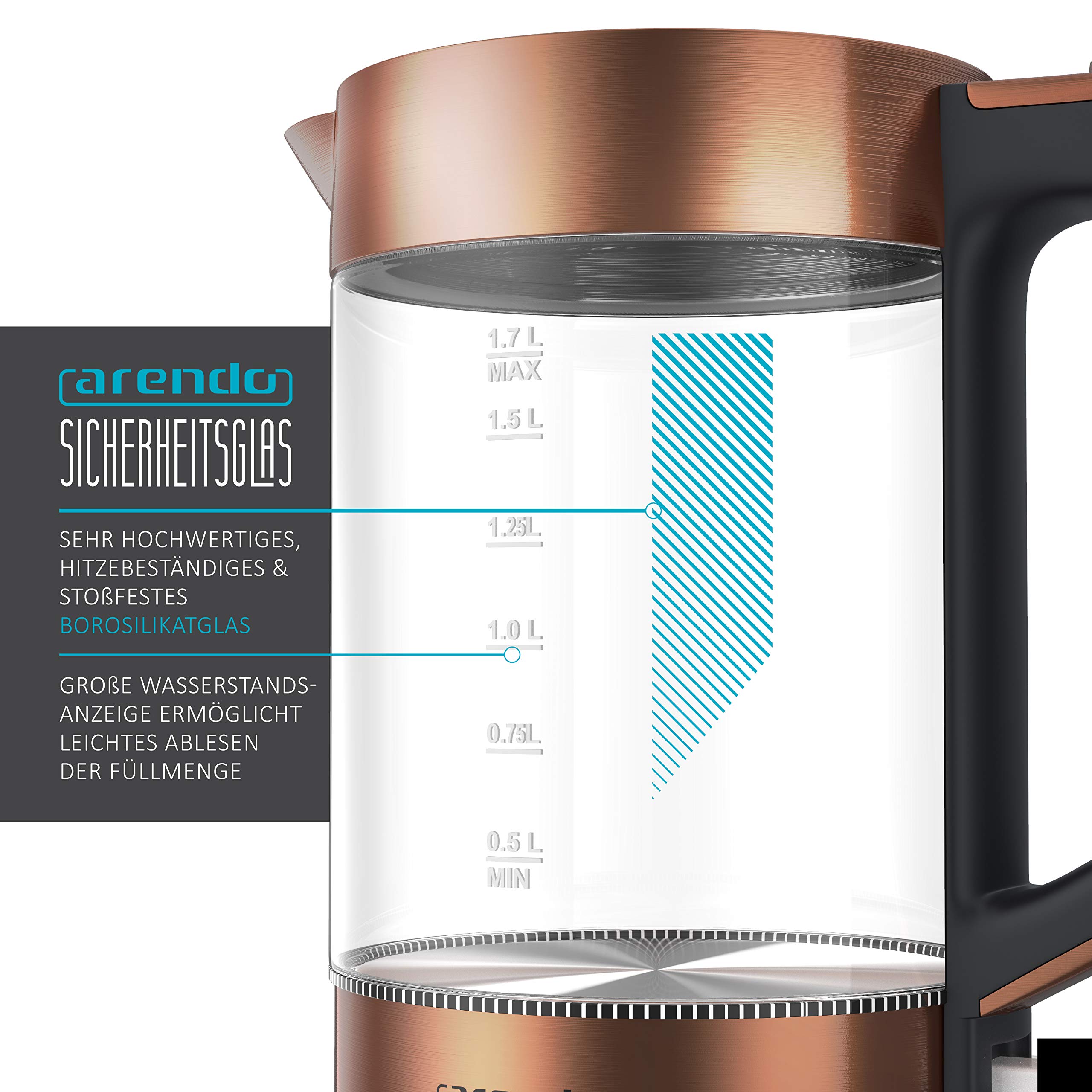 Arendo - Glas Wasserkocher Edelstahl - 1,7 Liter - 2200W - Cool Touch Griff - One Touch Verschluss - automatische Abschaltung - integrierte Kabelführung - Überhitzungsschutz - Kupfer Design
