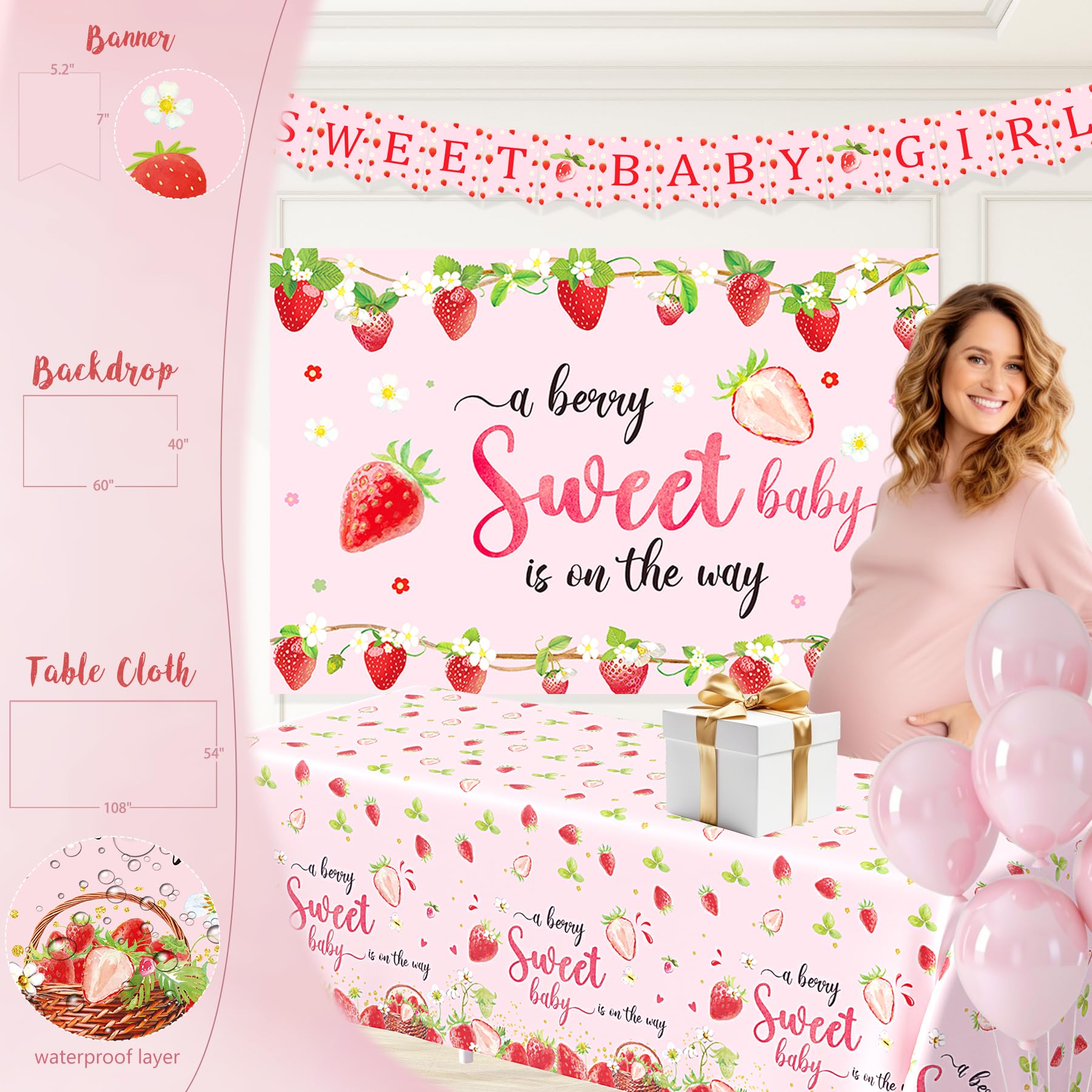 Strawberry Baby Shower Decorations, A Berry Sweet Baby Is On The Way Party Supplies, It's a Girl Gender Reveal, Backdrop Balloon Arch Box Mom to Be Sash Dad to Be Pin Tablecloths Cake Topper