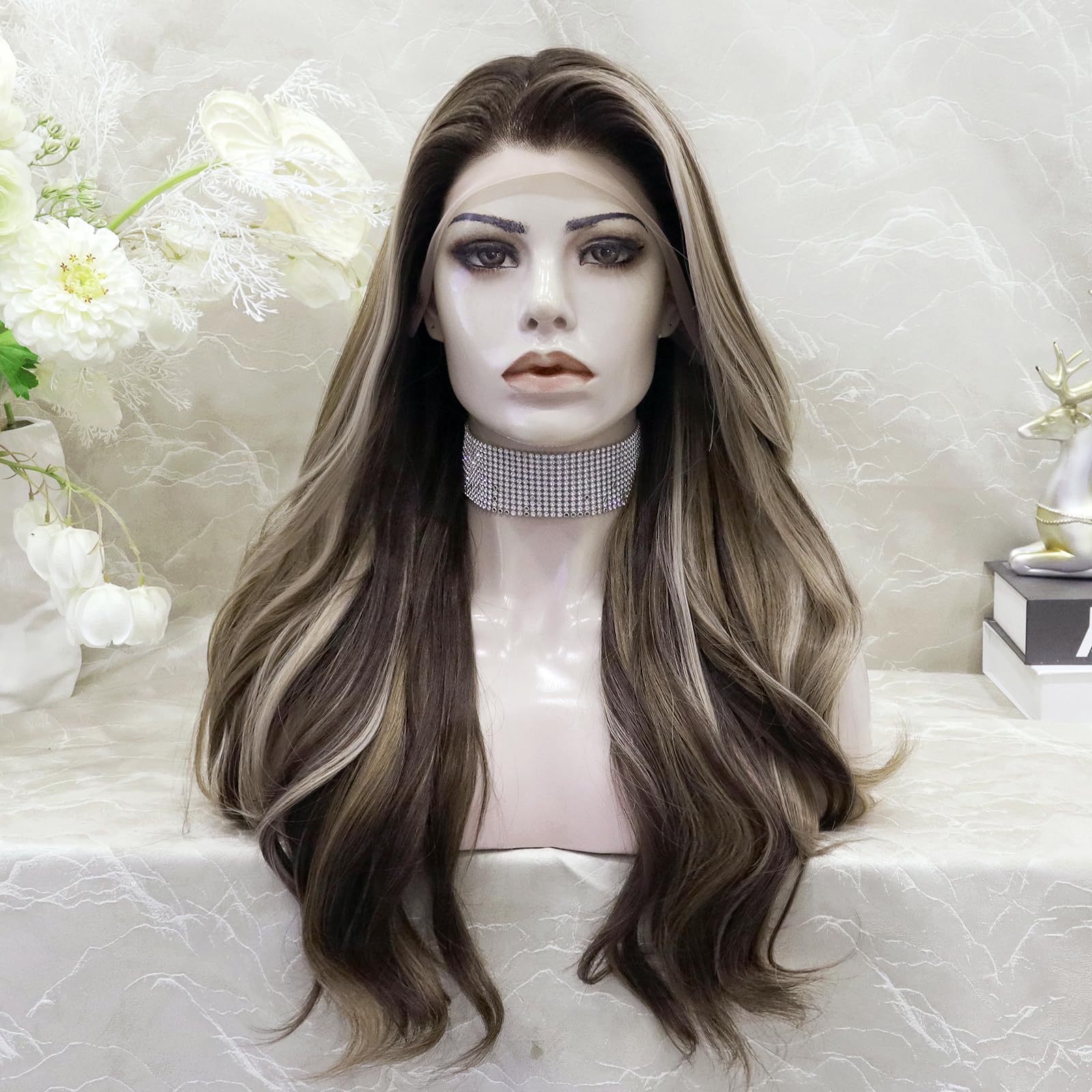 IMSTYLE 13x4 Synthetic Lace Front Aneisa Sunkiss Brown and Blonde Highlight Free Part Lace Front Synthetic Natural Hairline Long Wavy 24 Inches Wig (Aneisa Sunk