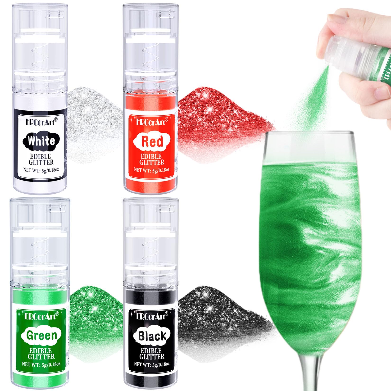 Edible Glitter Spray - 4 Color Edible Glitter for Cocktails, Food Grade Luster Dust Edible, Cake Decorating Shimmering Glitter, Metallic Powder Glitter for Drink, Baking, Chocolate, Icing - 5g Each