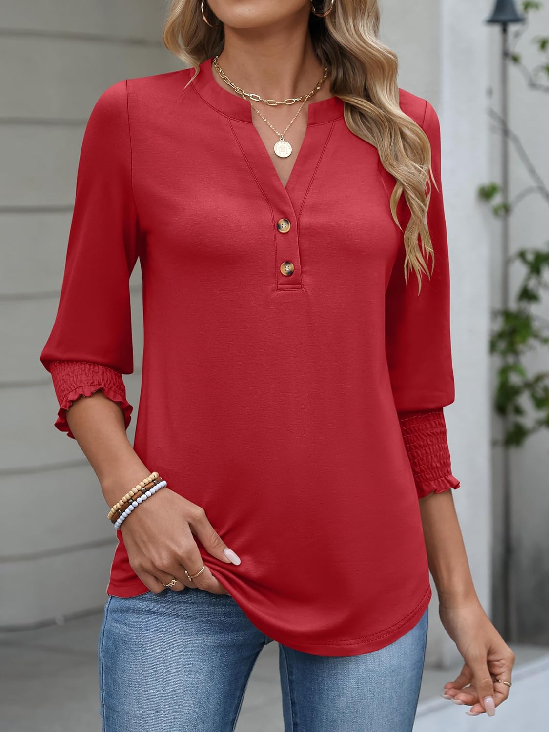 ANRABESS Womens Tops 3/4 Sleeve Henley V Neck Soft Blouses Dressy Casual Work Business Shirts 2026 Spring Fashion Clothes - Image 6