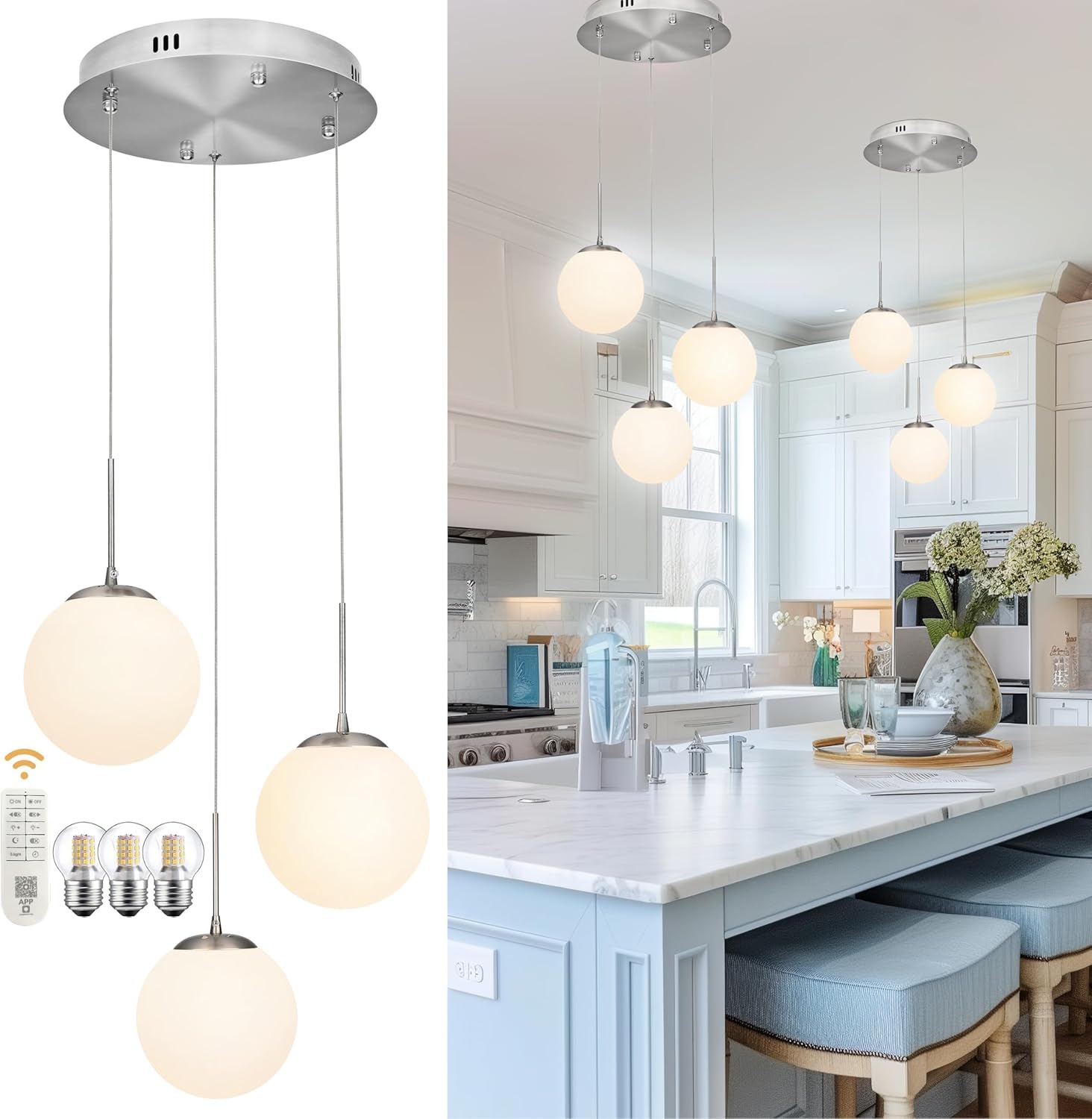 koko&yukina 3-light globe glass pendant light modern nickel glass chandelier adjustable length pendant lights fixtures with milky white globe ceiling light for kitchen island (bulb & remote incl.) 3-light, d11.8" nickel & milky glass