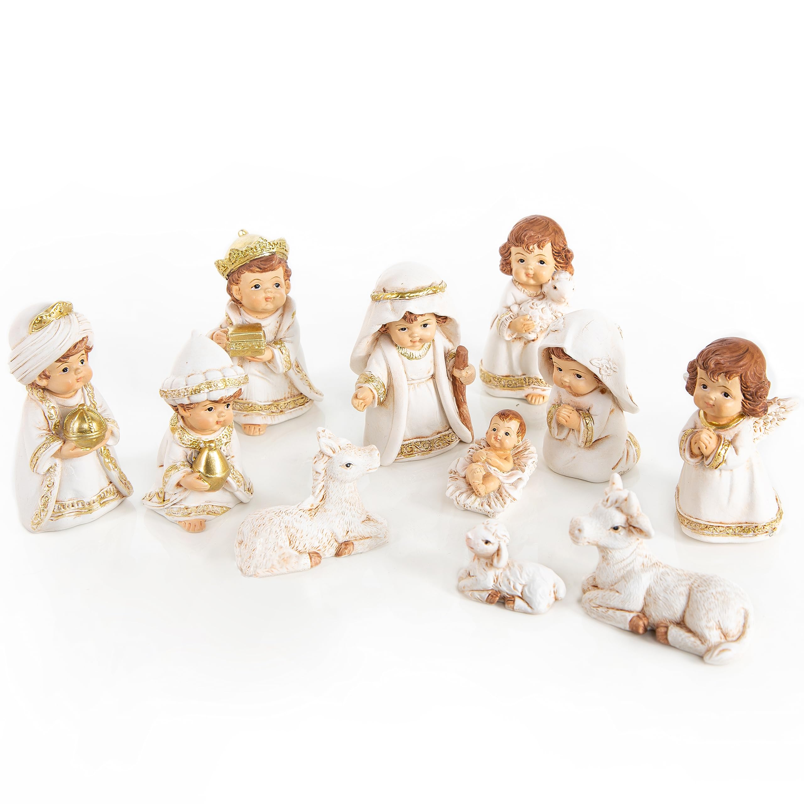 Logbuch-Verlag Nativité avec 12 Figurines de crèche enfantines dorées Blanches – Set de crèche de Noël à Poser 7,5 cm