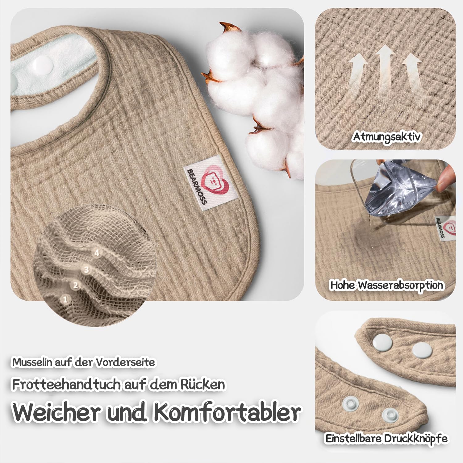 bearmoss Bavaglino Neonato, 100% Cotone, Bavaglino Quadrato per Bambini, Bavaglini Regolabili, Morbidi Bavaglini per Bambini e Bambine, 8 Pezzi