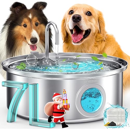 oneisall Dog Water Fountain, 7L/230oz/1.8G Quiet Dog Fountain Water Bowl, Stainless Steel Dog Water Fountain with Visual Water Level&Triple Filtration for Large Medium Small Breed Dogs Pets