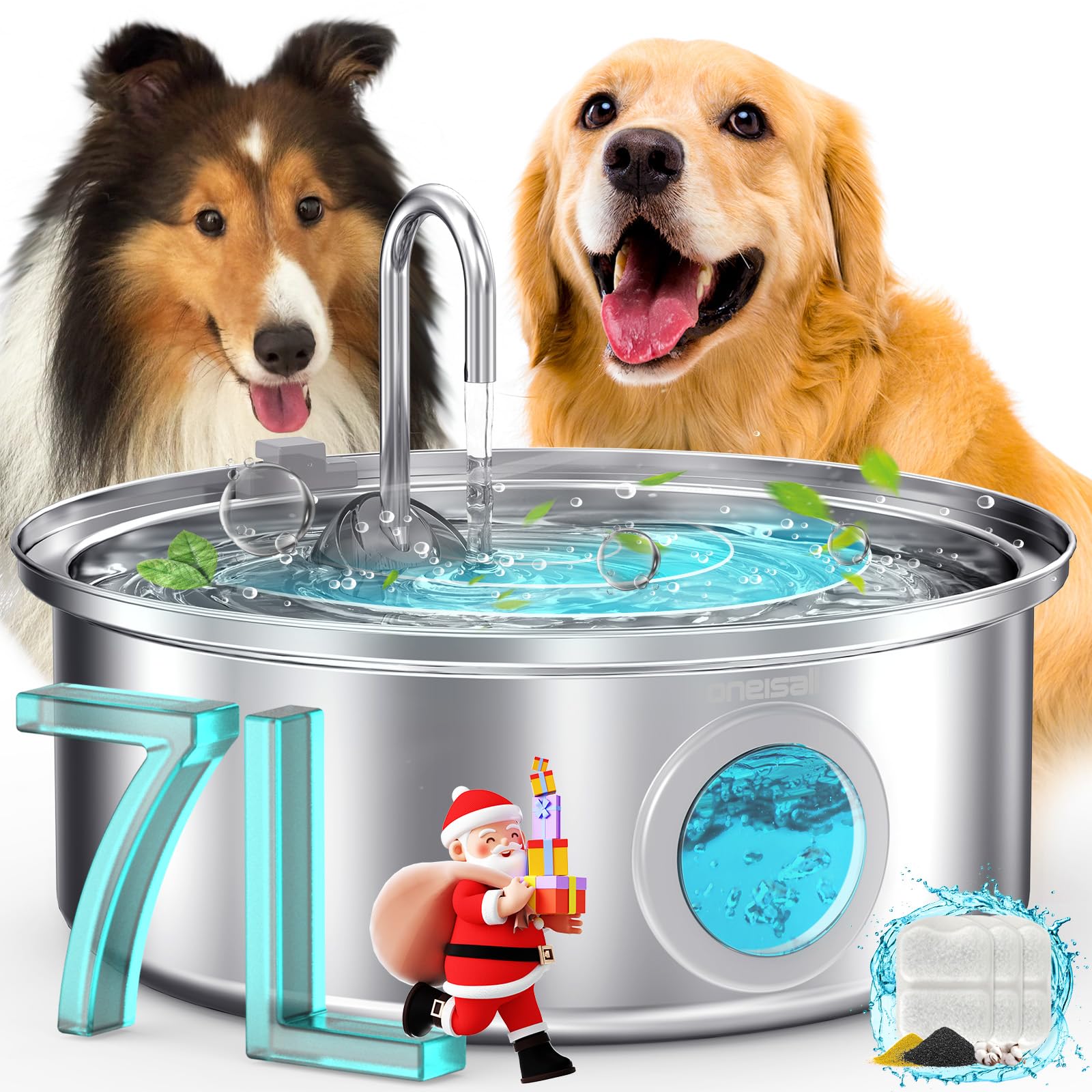 oneisall Dog Water Fountain, 7L/230oz/1.8G Quiet Dog Fountain Water Bowl, Stainless Steel Water Fountain with Visual Water Level&Triple Filtration for Large Medium Small Breed Dogs Puppy Pets