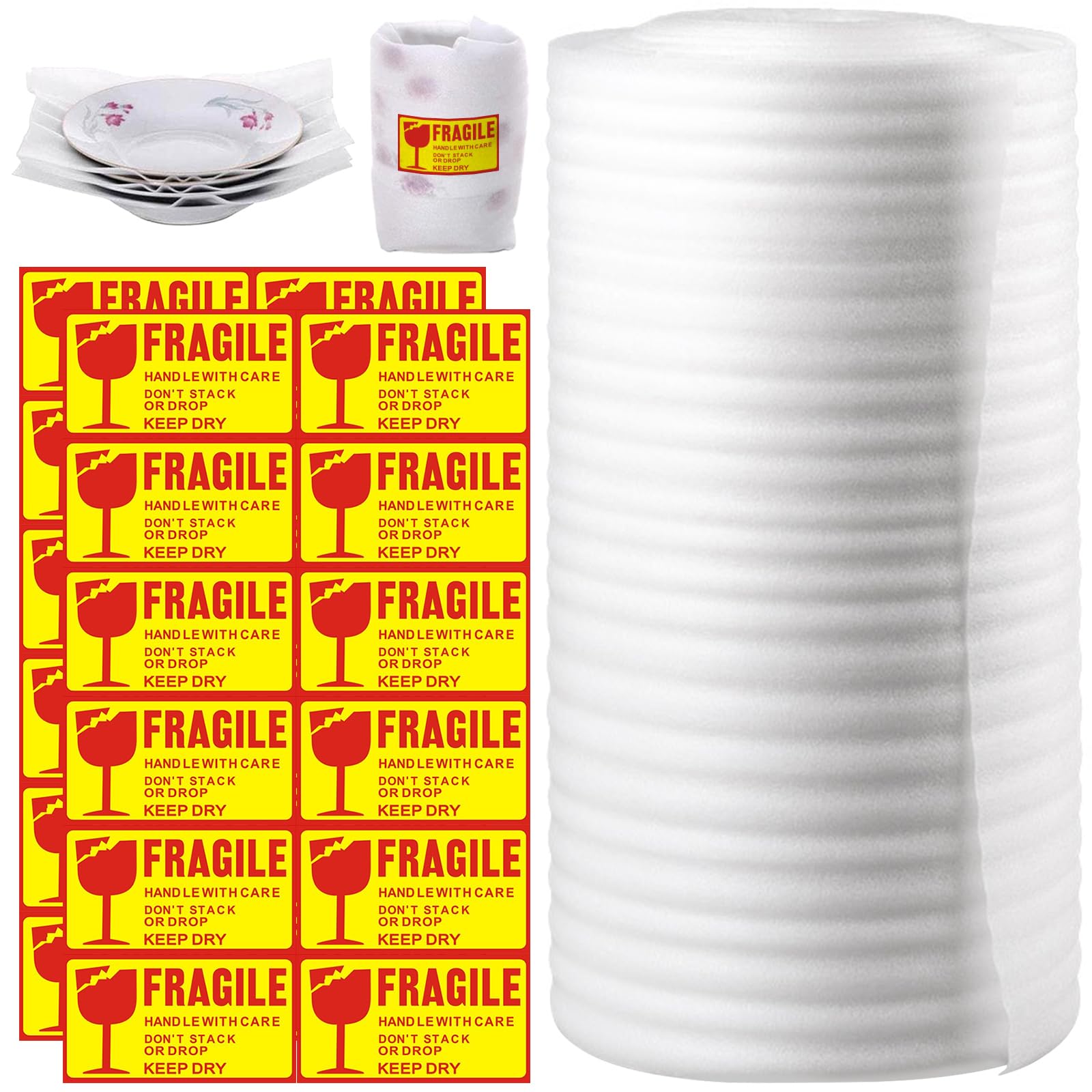 Rollo de espuma para embalaje 30 cm x 10 m con etiquetas frágiles