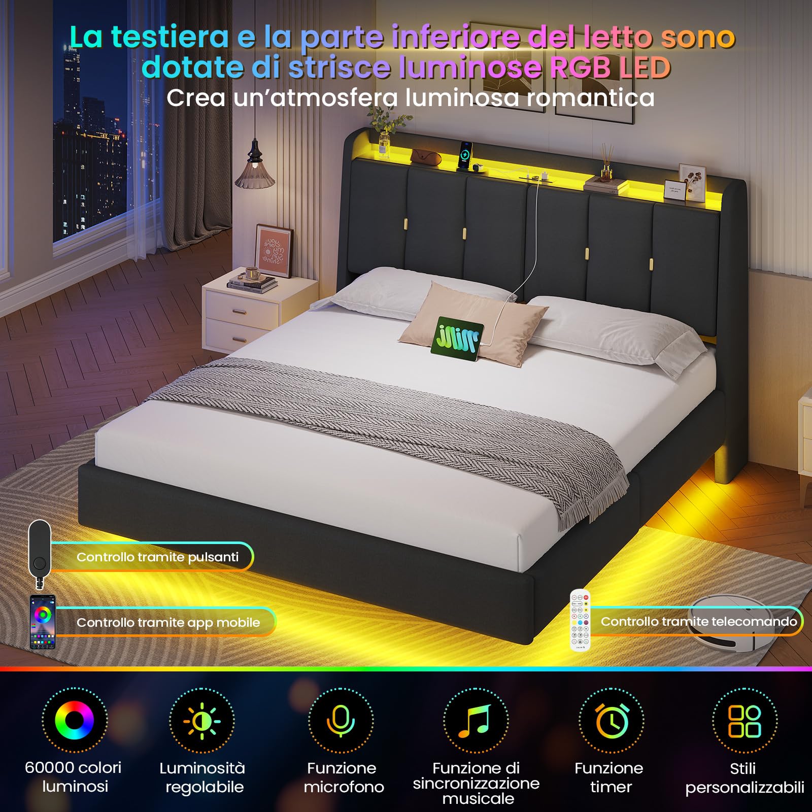 Letto matrimoniale 160x200cm Flottante Testiera Imbottita, LED, USB, Grigio