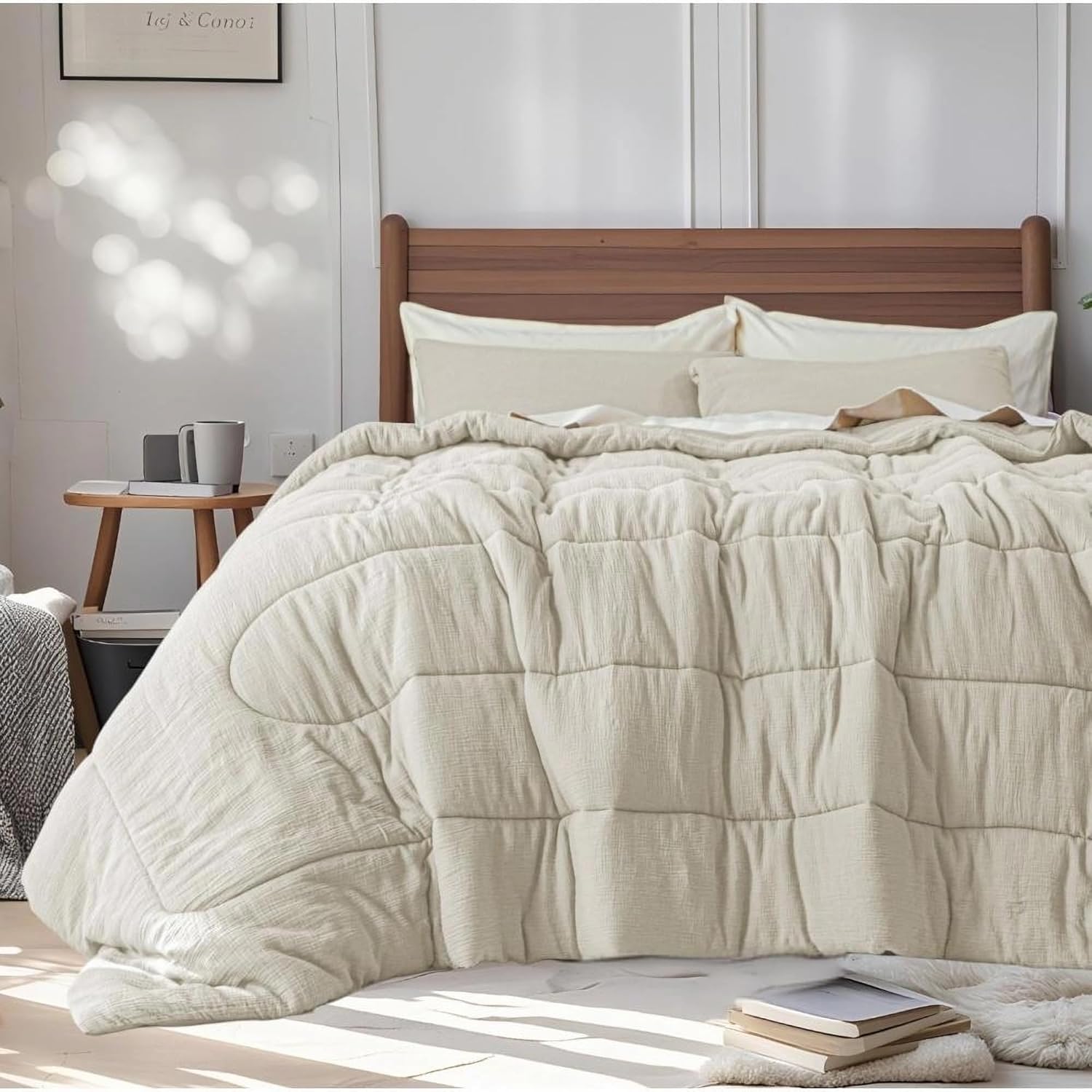 Simple&Opulence 100% Cotton Muslin Comforter Set Queen Size, 3PCS Washed Cotton Gauze Comforter, Soft Lightweight All Seasons Bedding Sets with 2 Pillow Shams(Cream,Queen)