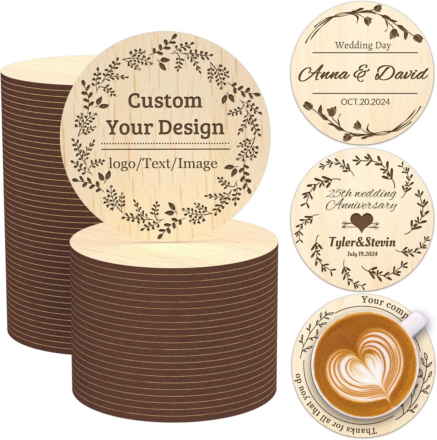 20–200 Pcs Personalized Coasters, Custom Wooden Coasters with Engraved Text, Name, or Logo, Natural Wood Slice Coaster, Heat-Resistant, Custom Gifts for Wedding, Anniversary, Housewarming (Round)