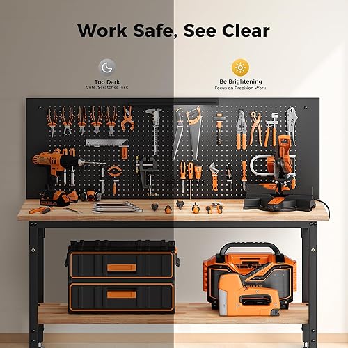 Miniatura 5 de Banco de trabajo de 60 pulgadas de altura ajustable con estante de almacenamiento, carga máxima de 2000 libras, mesa de madera de caucho resistente