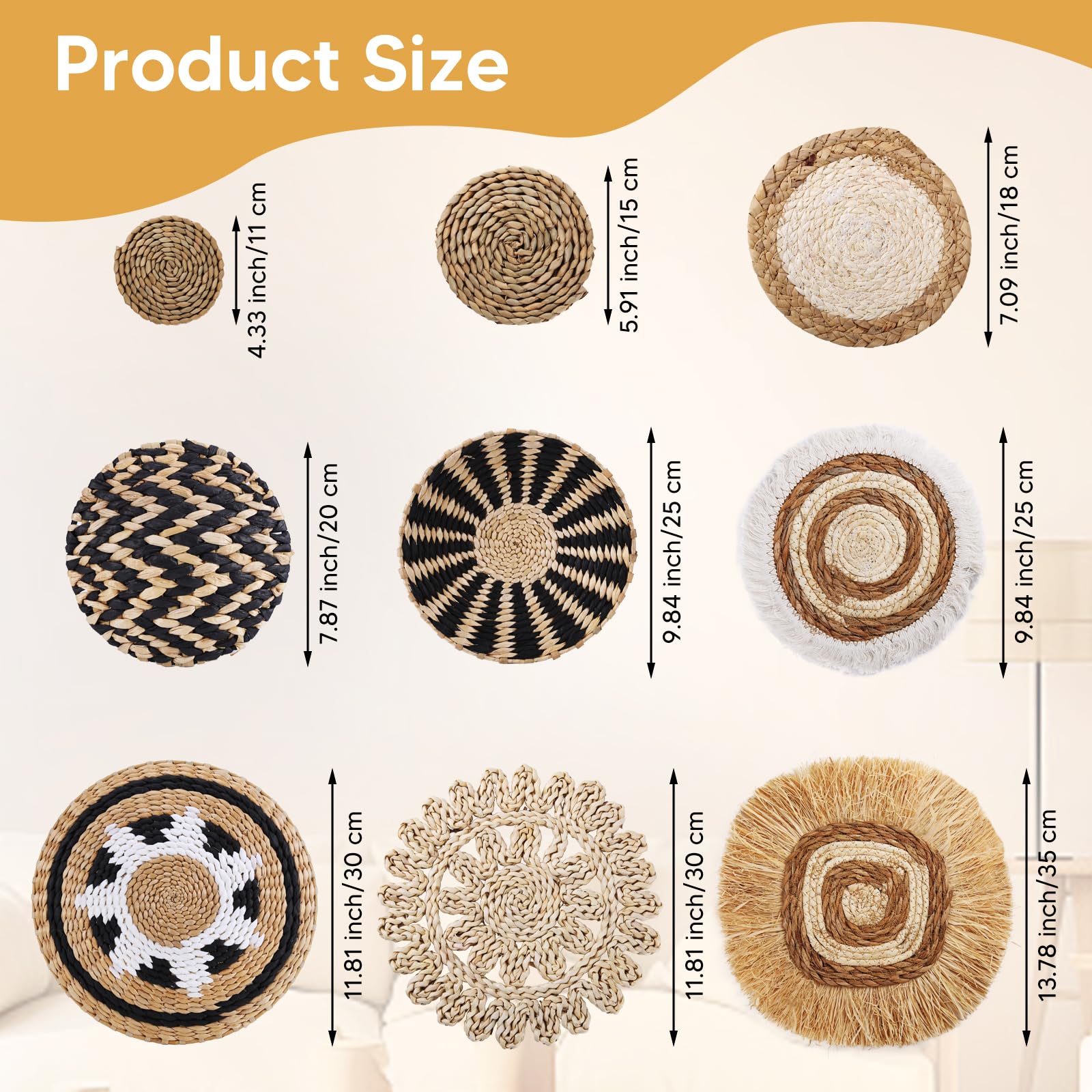 homdat 9 sztuk w stylu boho, tkana dekoracja kosza ściennego, trawa morska, rattan, dekoracja ścienna w stylu boho, przyjazna dla środowiska, okrągła sztuka ścienna do domu wiejskiego, sypialni