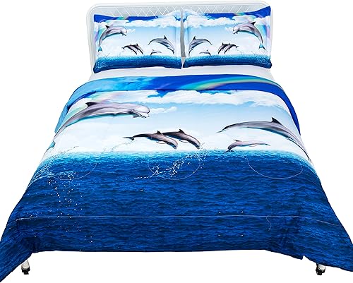Miniatura 1 de Juego de edredón de delfines para niños, tamaño Queen, juego de edredón de dibujos animados blancos y azules para niñas y niños, juego de edredón