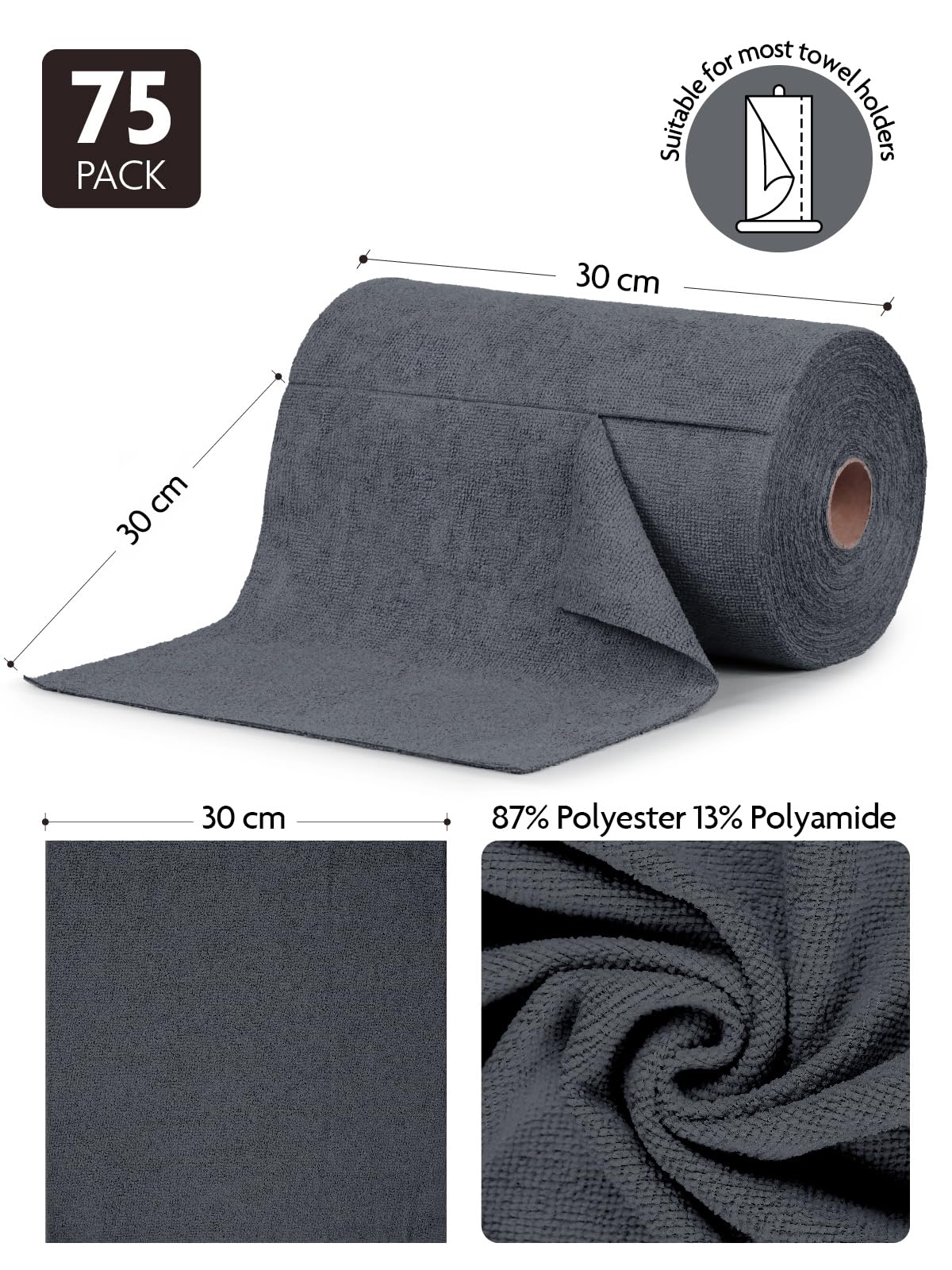 Fantasticlean Mikrofaser Reinigungstücher, 75 Stück pro Rolle Abreißbare Putztücher, Wiederverwendbare Fusselfreie Lappen für Auto, Küche und Haus 30 x 30 cm - Dunkelgrau