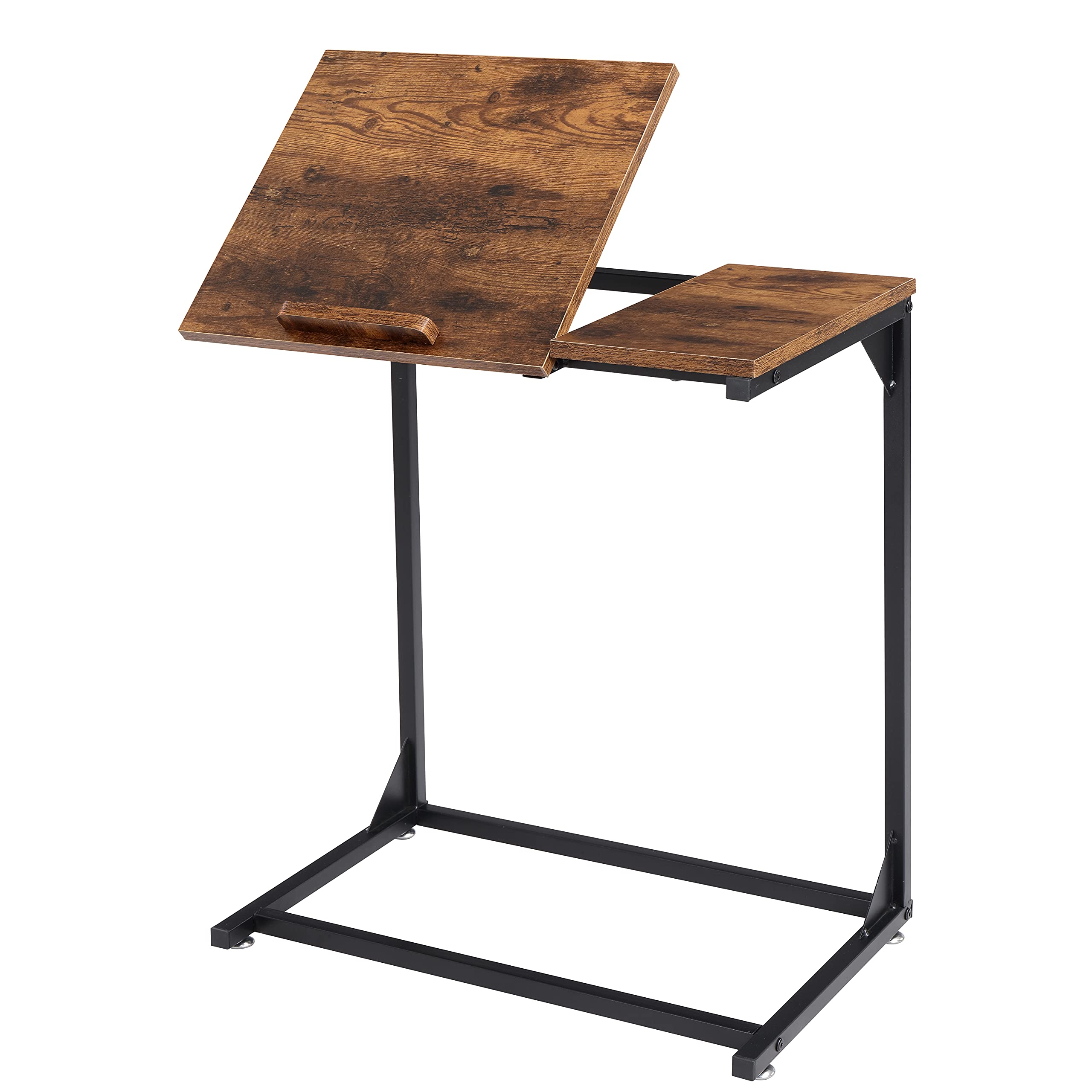 Finnhomy End Table, Laptop Table, C Side Table, TV Tray with Tilting Top, Steel Frame, for Living Room, Industrial Style, Rustic Brown and Black