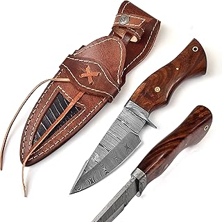 DW-601-HK 10-Inch Handmade Damascus Steel Hunting Knife with Leather Sheath | Fixed Blade Camping EDC Knives for Men | Non-Slip Rosewood Handle Bushcraft Knife - AHAFR