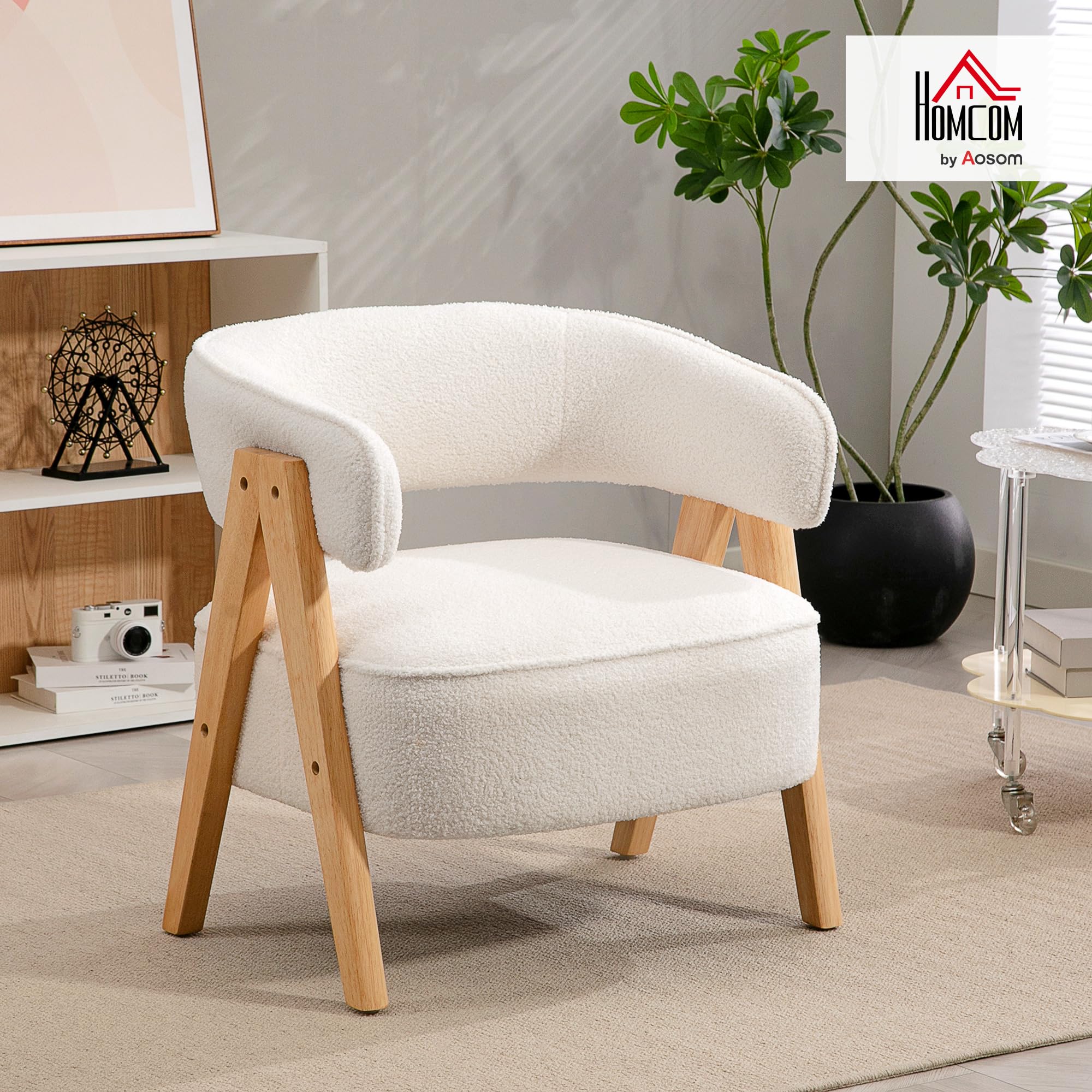 HOMCOM Fauteuil de Salon Rembourré en Tissu Bouclette Assise Large Blanc | Dossier Ergonomique, Accoudoirs, Pieds en Bois Massif et Structure en Acier, Fauteuil de Chambre, Salon, Bureau
