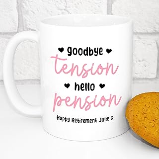 Personalised Retirement Mug - Goodbye Tension, Hello Pension - Add Any Message | Personalised Retirement Gift, Retirement Present. Gifts for Retirement | Custom Retirement Gift | Funny Retirement