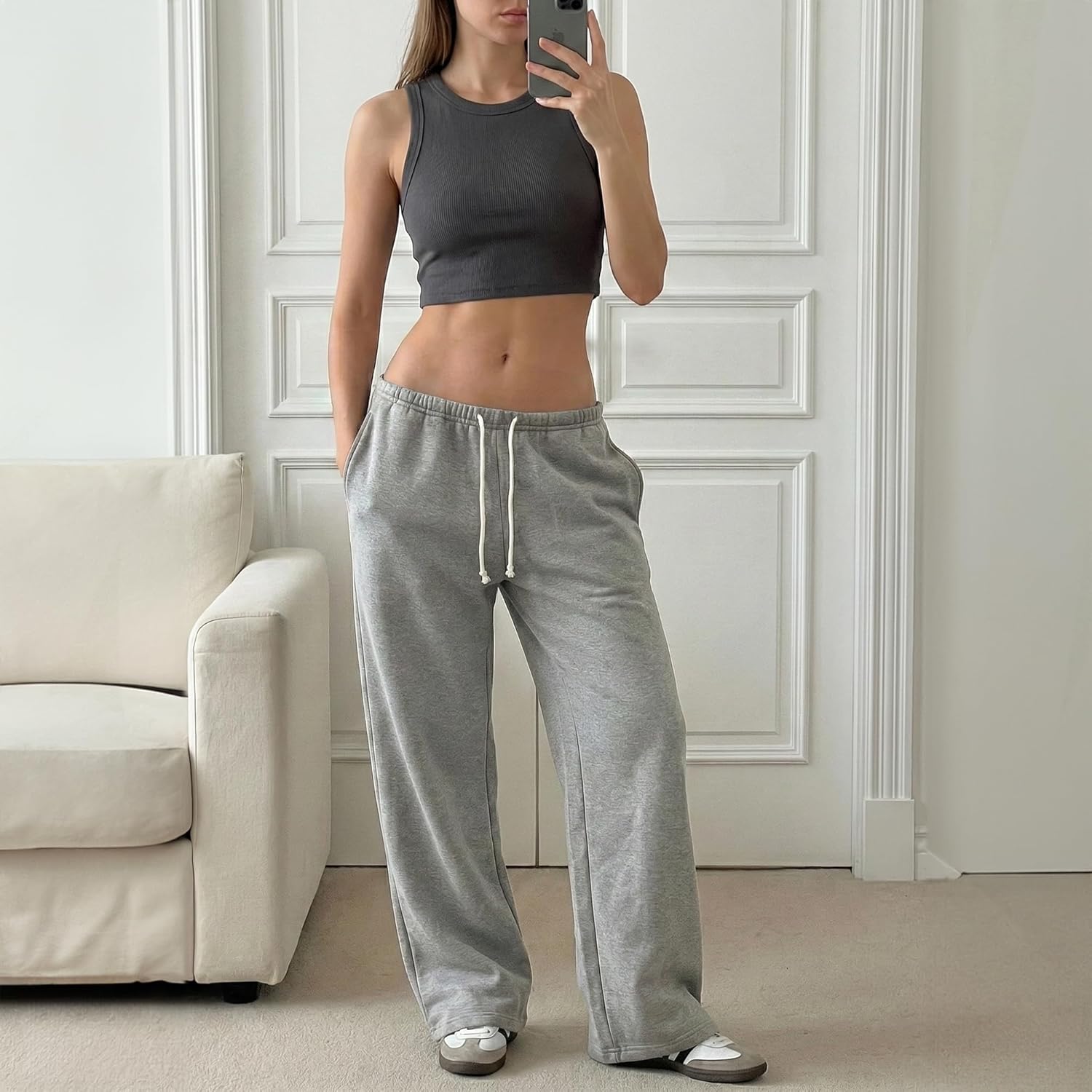 GIVON Women's Fleece Sweatpants Soft Cotton 100% Wide Leg Drawstring Casual Baggy with Low Waist
