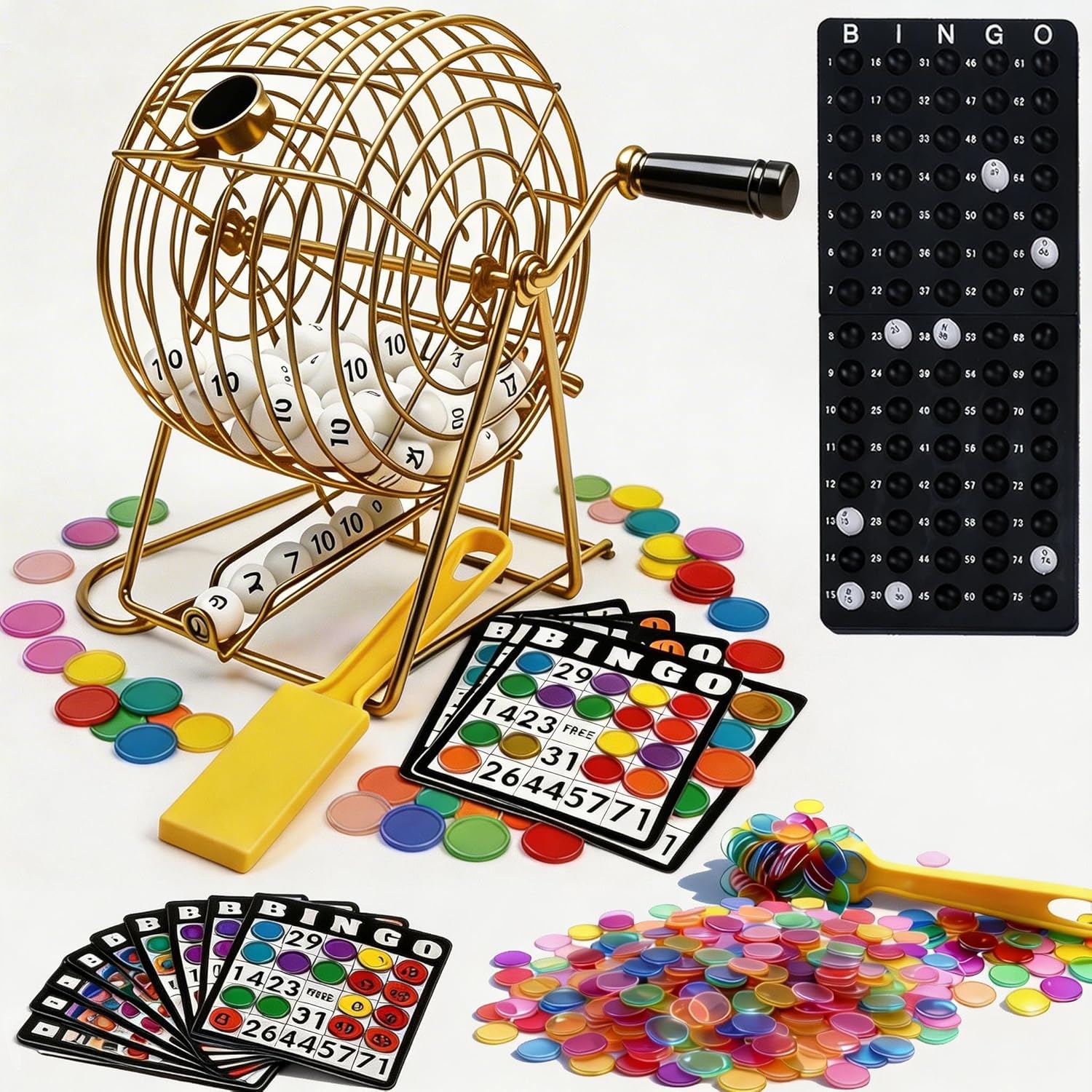 Bingo Game Set with Bingo Chips&Wands-Metal Cage, Master Board,Colored Balls, Mix Colors Bingo Chips &Bingo Wands ,Bingo Cards,Ideal for Large Groups,Party Entertainment for Christmas & Party Supplies