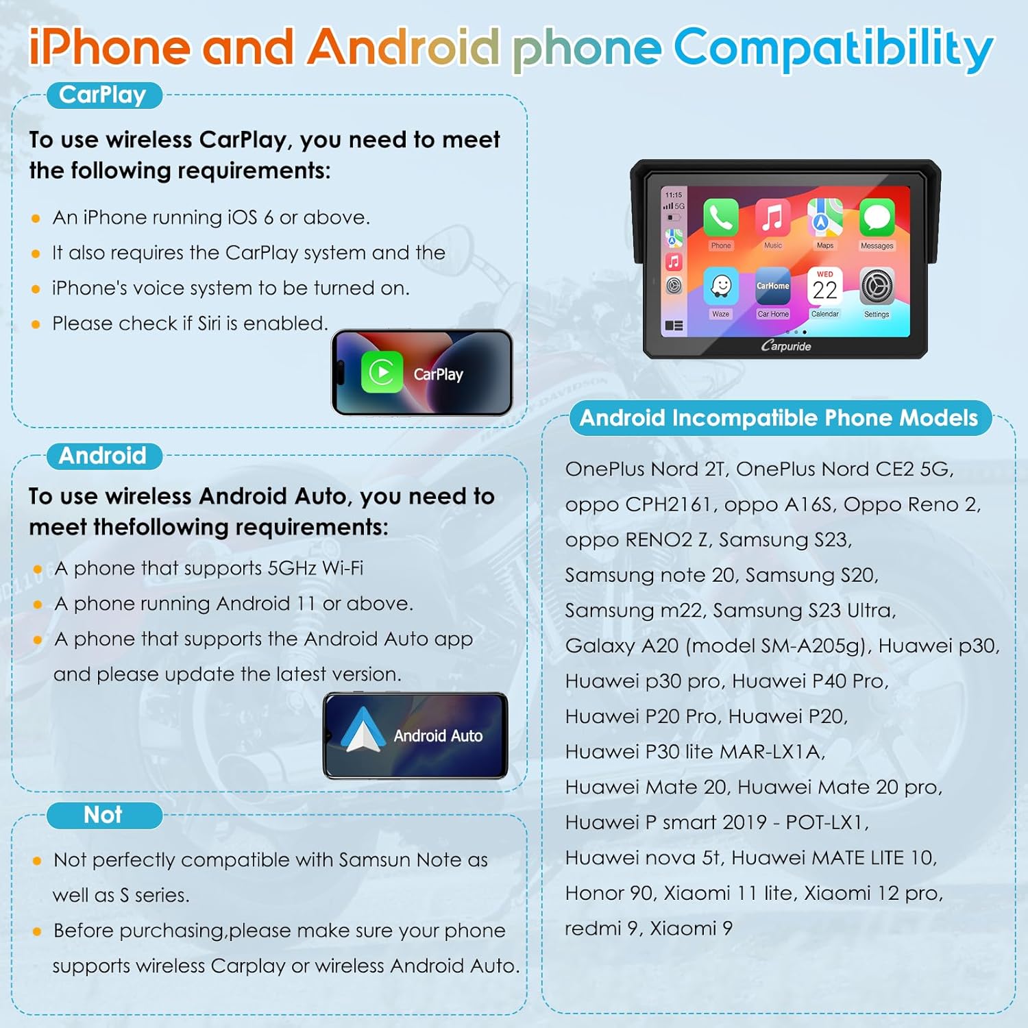 Carpuride W502PRO for Motorcycle CarPlay& Android Auto& Dual Bluetooth - 5 Waterproof GPS Navigation Screen for Motorbike, Music Sharing, Intercom, EQ, Light Sensor, Compass, Barometer