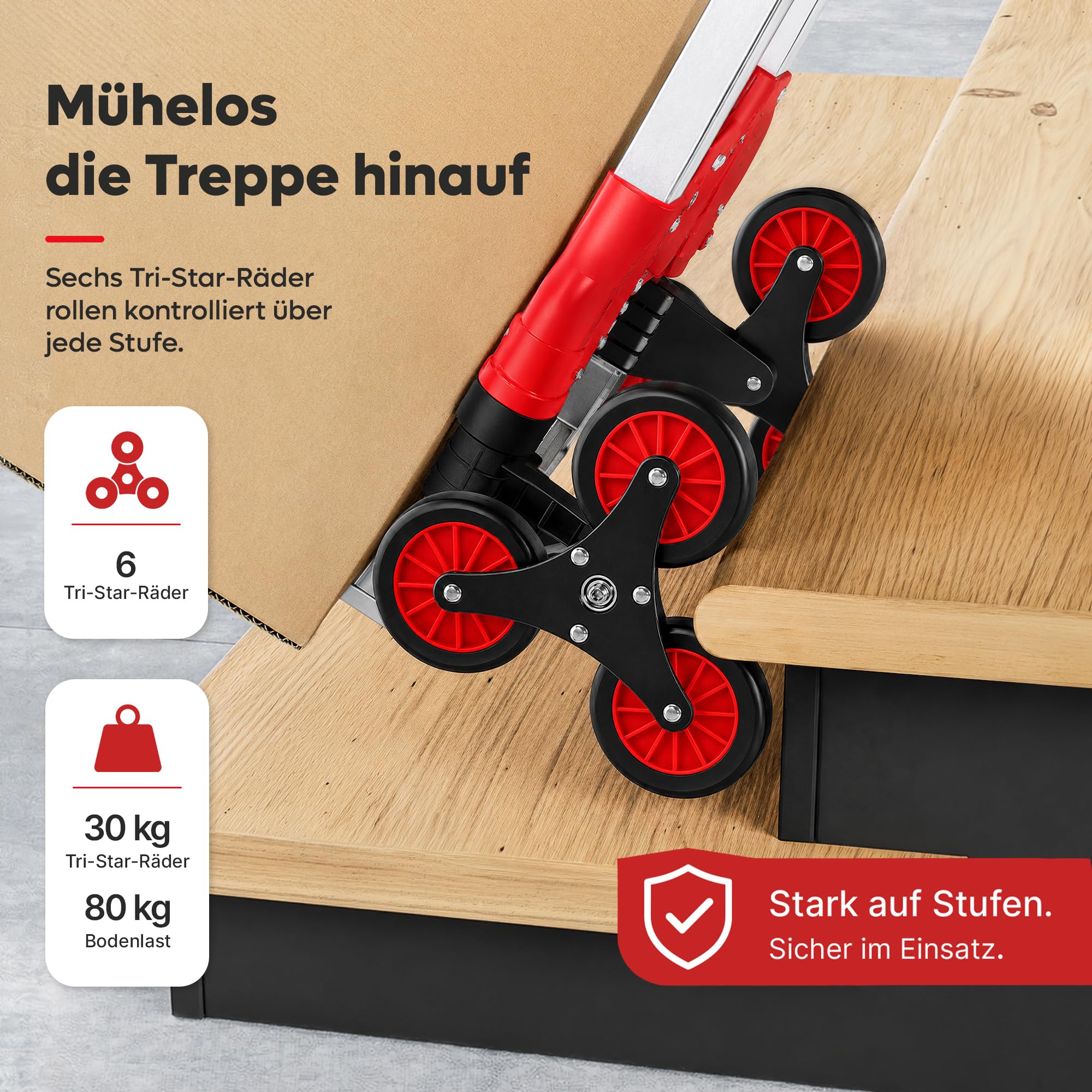 Allyson® Treppensteiger Sackkarre klappbar 6-Rad, bis 80kg (eben), Rot | Auf Treppen bis 30 kg belastbar, mit Vollgummireifen, inkl. Spanngurte & Sicherheitshandschuhe, Aluminiumrahmen, kompakt