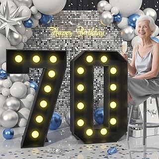 Froova 4FT Light up Numbers 70 Big Mosaic Numbers Marquee Lights Sign 70 Frame with Slots for 70th Birthday Party Large Cardboard with Light Bulbs Pre-Cut Kit Giant Cut-Out Thick Foam Board Sign DIY