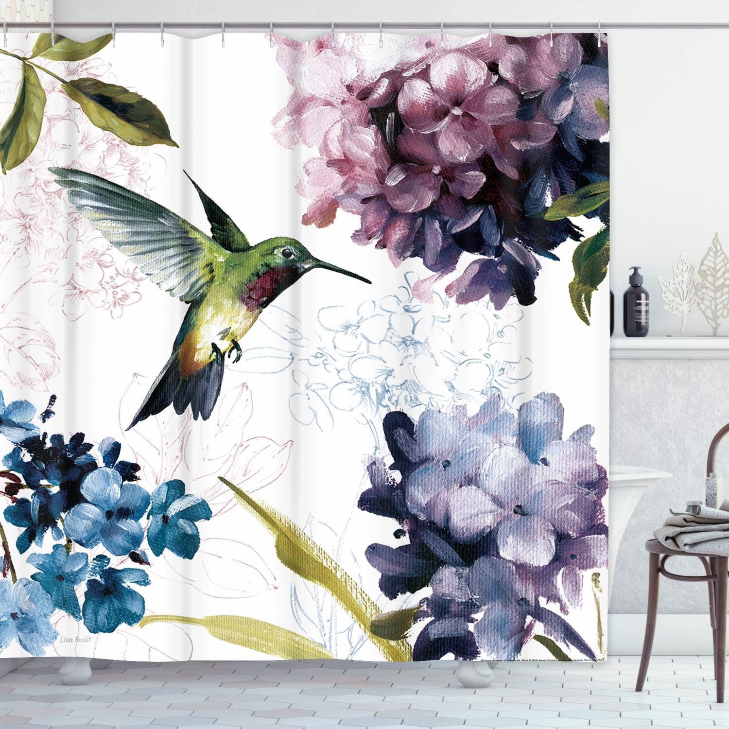 ArtSocket Shower Curtain Hummingbird Watercolor Bird Flower Home Bathroom Decor Polyester Fabric Waterproof 72 x 72 Inches Set with Hooks