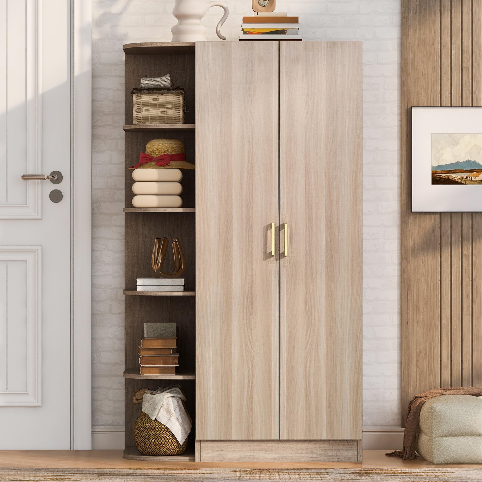 SUKY Armario de 90 x 55 x 175 cm, doble puerta, estantes, cajones, color madera natural