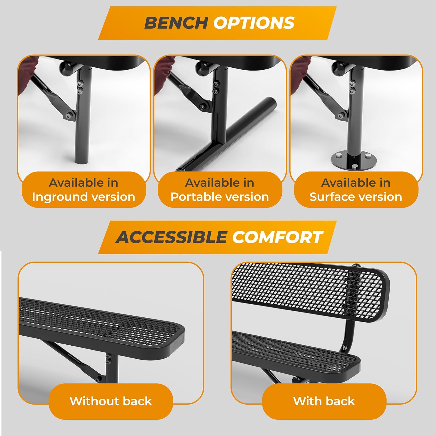 Heavy-Duty Outdoor Metal Bench, Thermoplastic-Coated, Portable, Weatherproof, Commercial-Grade for Parks, Gardens, Patios, Stores & More (6 Ft - Portable with Back, Green)