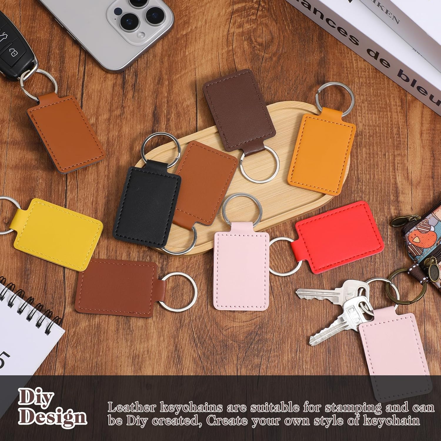 80 Pcs Leather Key Fob Kit, Rectangular Leather Keychain Blanks with Keychain Rings, PU Laser Engraving Key chain, Stamping Diy Crafts for Working