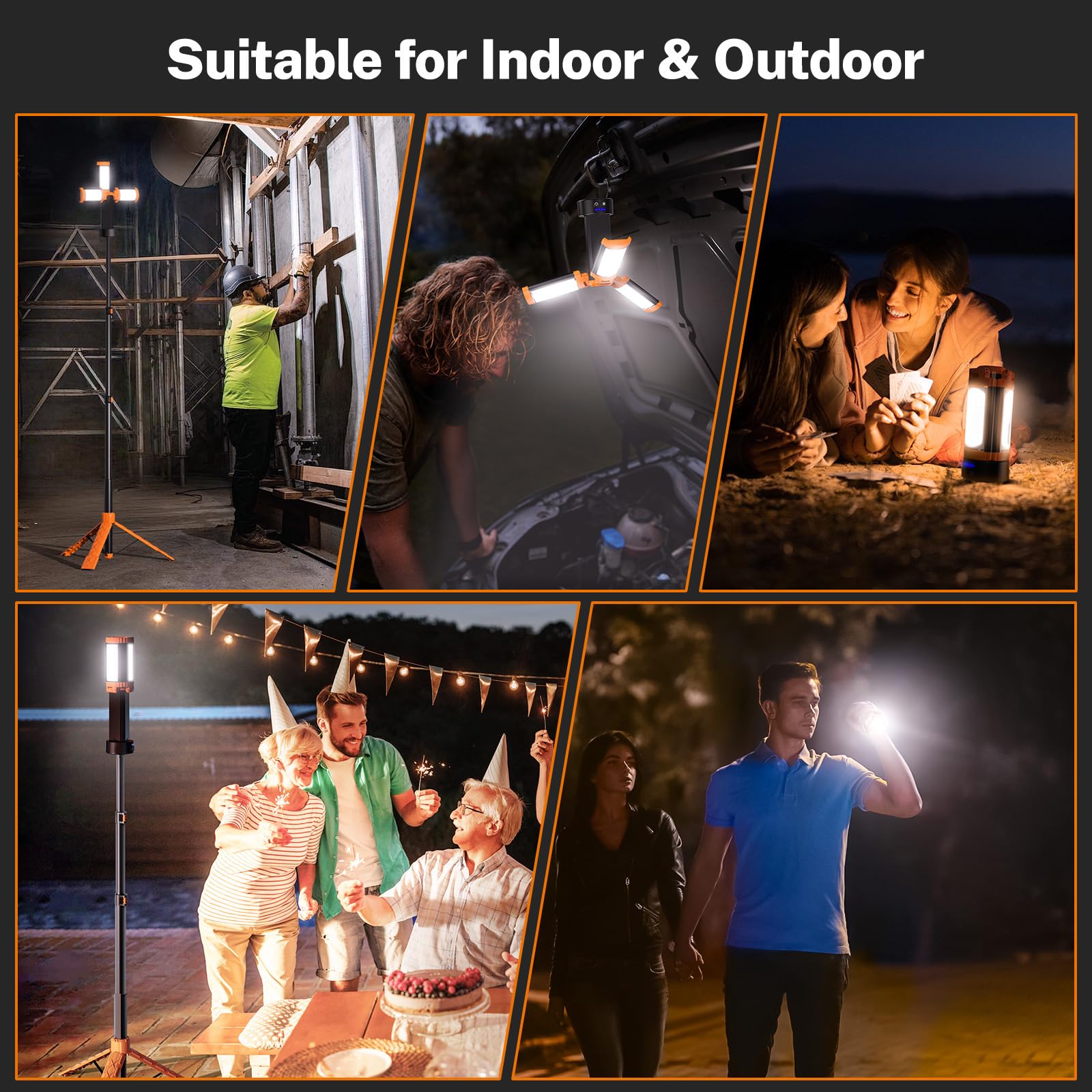 OGERY Lampe de camping rechargeable de 10 000 mAh avec support de 2 m de hauteur maximale, lampe de travail sans fil avec 3 têtes de lampe LED, 2200 lumens, lampe de poche d'urgence magnétique à