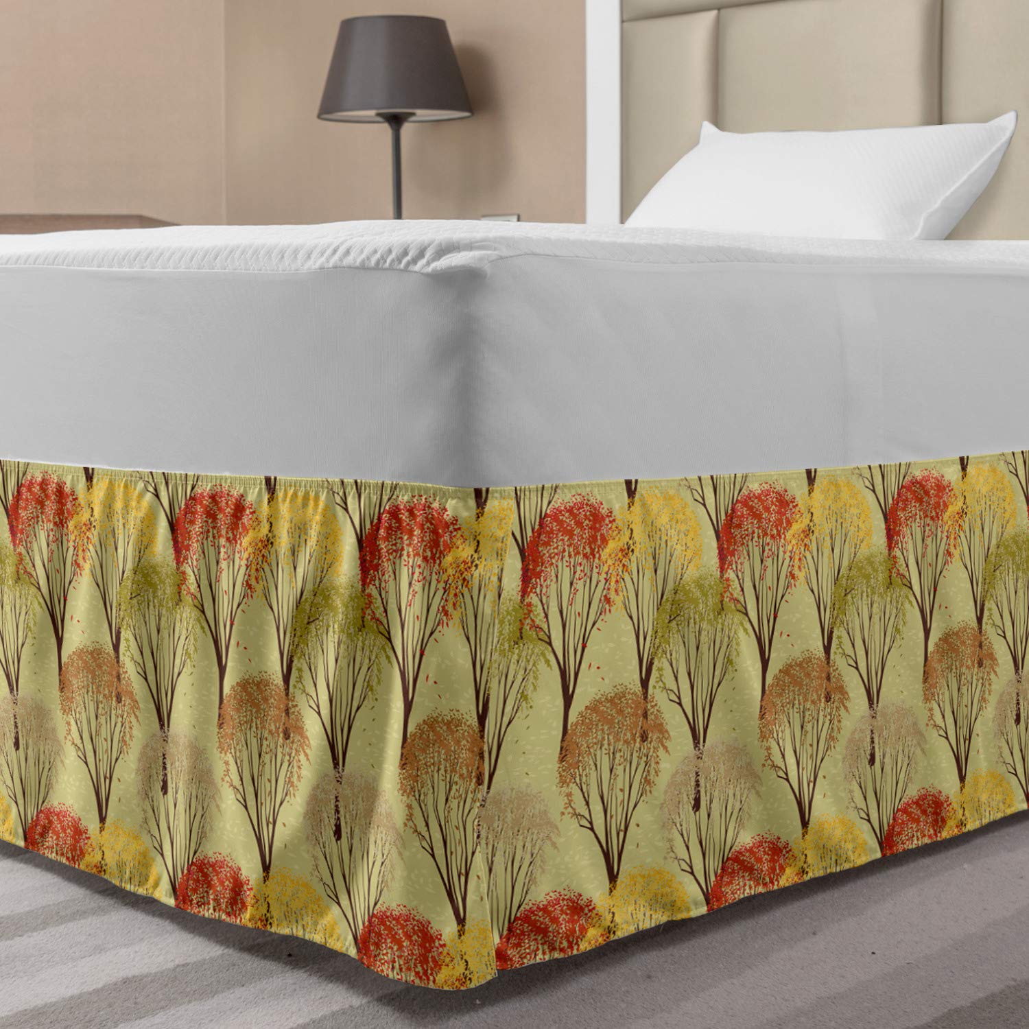Lunarable Autumn Fall Bedskirt Inspired Forest Design Colorful Leaves Seasonal Nature Imagery Oriental Bedroom Decor Wrap Around Elastic