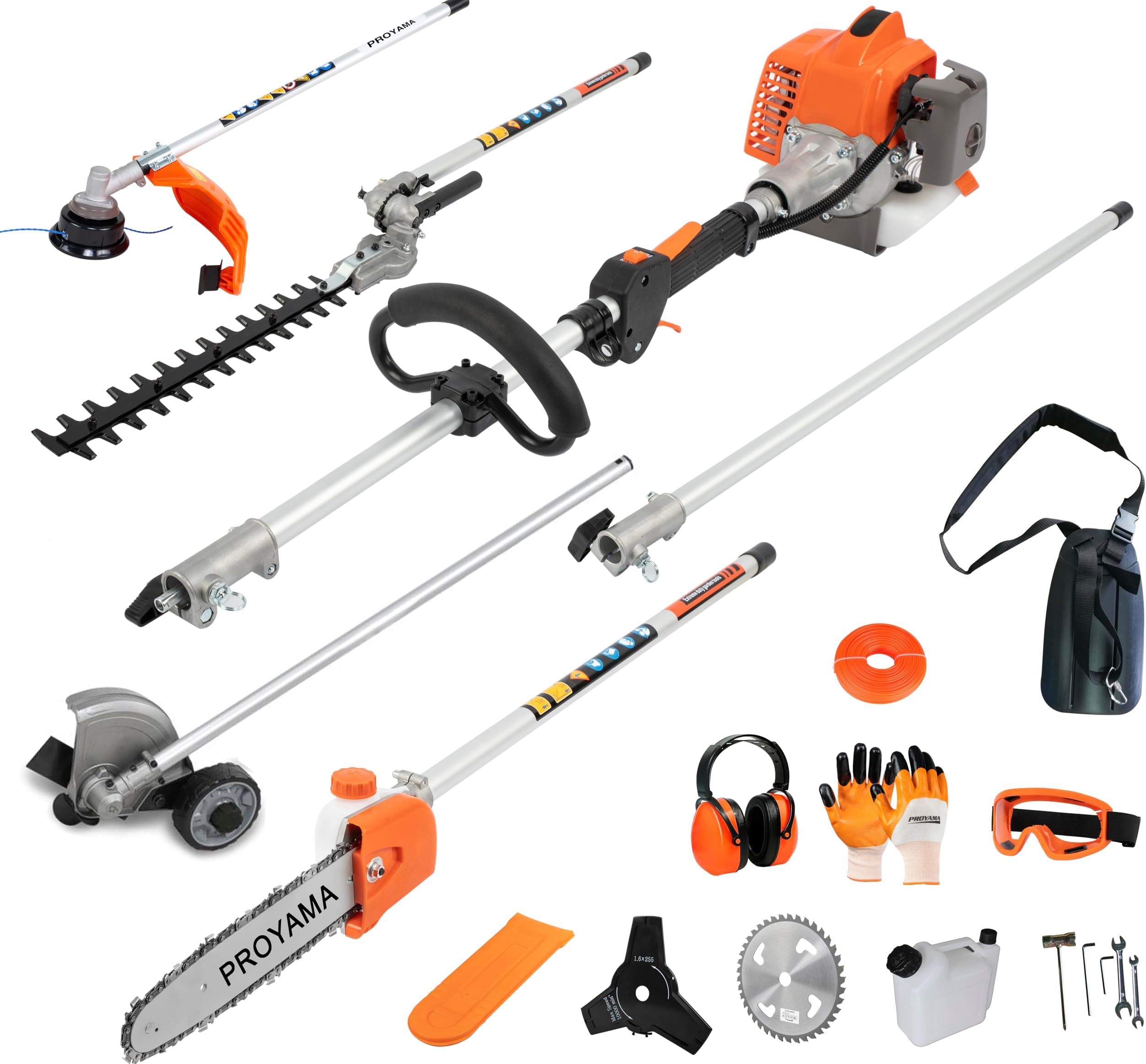 PROYAMA26cc 5 in 1 T Tools, Multi Functional Sets Gas Hedge Trimmer, String Trimmer, Brush Cutter, Pole Chainsaw Pruner with Extension Pole