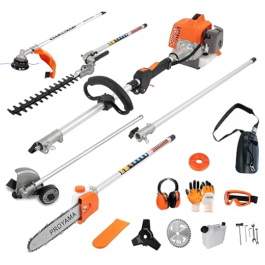 PROYAMA 26cc 6 in 1 Multi Functional Combo Kit, 2 Cycle Gas Powered Hedge Trimmer, Weed Eater Wacker, String Trimmer, Brush Cutter, Edger with 3.3FT Extension Rod