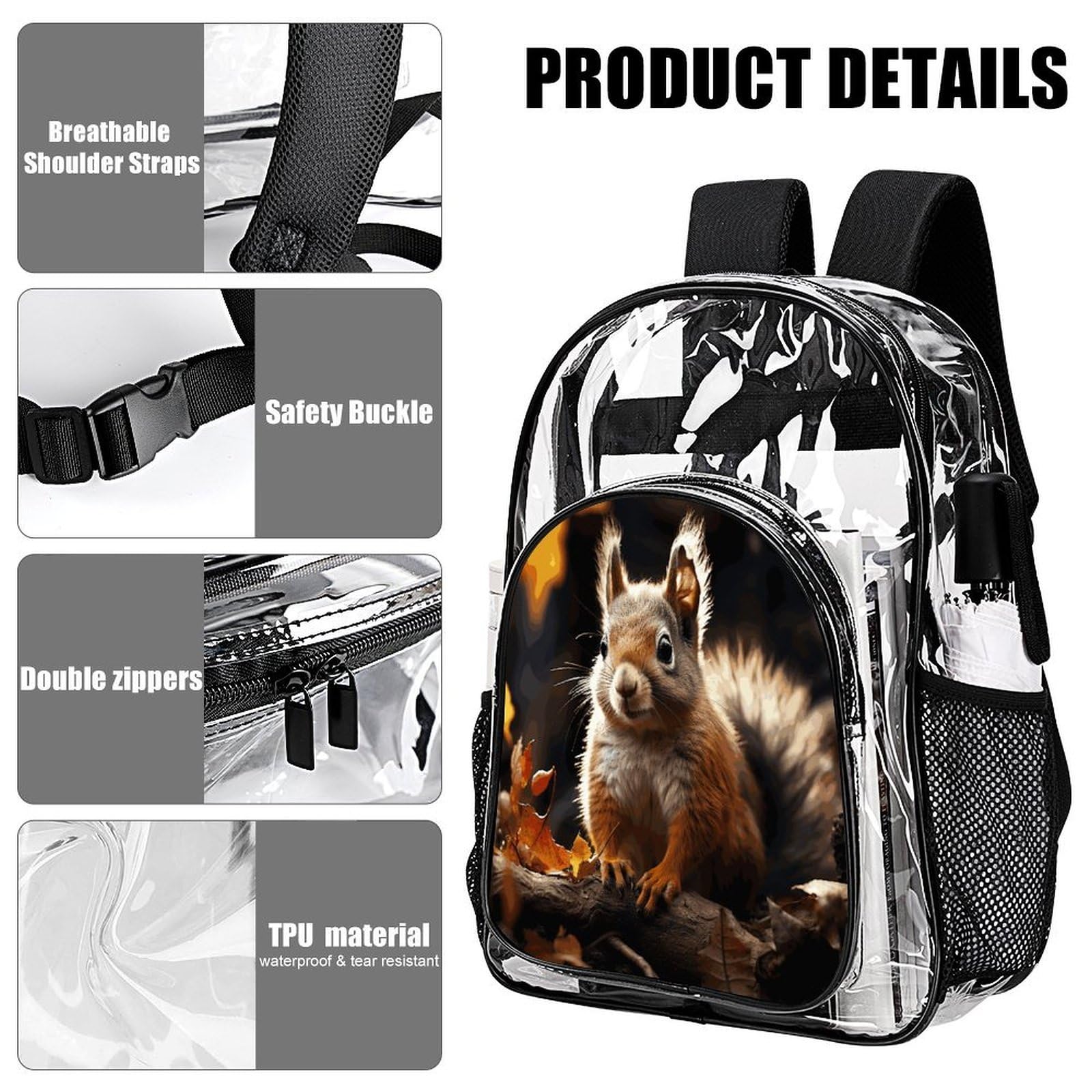 Squirrel in The Woods Transparenter Rucksack, groß, transparent, PVC, Büchertasche für Sicherheit, Arbeit, Reisen, Stadion