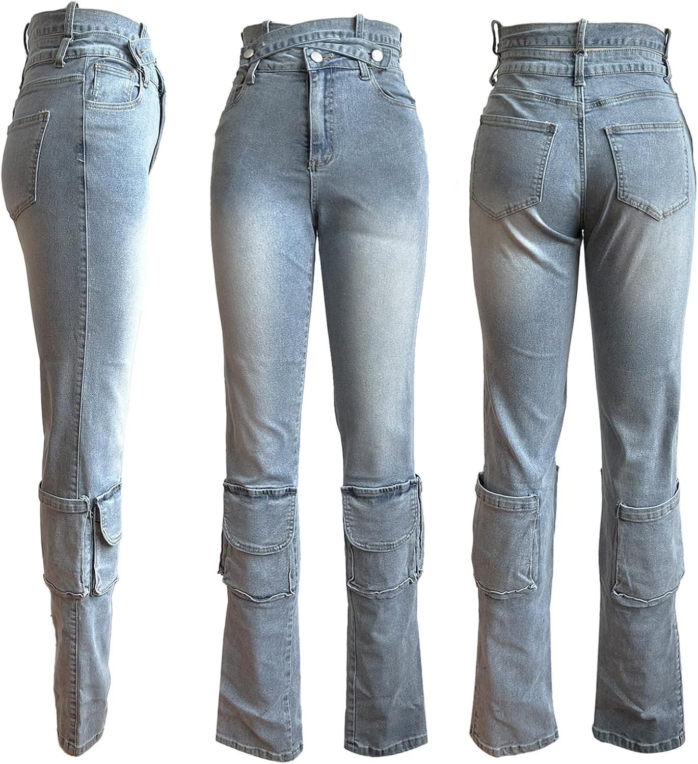 Vakkest Sexy High Waisted Skinny Jeans for Women Bodycon Crossover Stretchy Denim Cargo Pants Streetwear with Pockets - Image 7