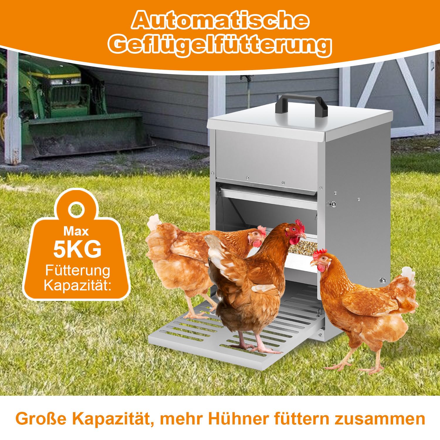 5 kg automat do karmy dla kur, zabezpieczenie przed szczurami, dzięki stopce, ocynkowana stal, automat do karmy dla kur, kaczek, gęsi