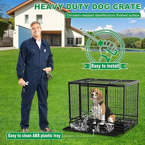 Miniatura 5 de Perrera para perros grande resistente con bandeja de plástico y ruedas, jaula XXL de 48 pulgadas para perros al aire libre con puertas dobles, cajas