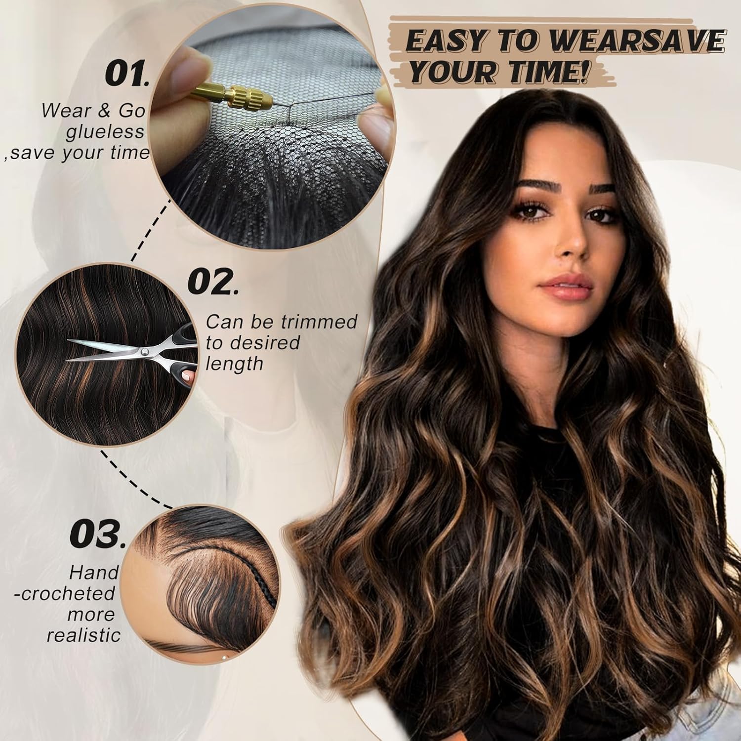 SUKRI Synthetic Lace Front Wig 26 Inch Brown Highlight Wigs for Women 13X4 Preplucked Glueless Lace Front Wig Long Wavy Synthetic Wigs with Baby Hair Highlight Wig for Natural Daily Parties