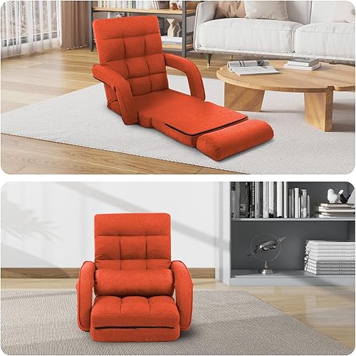Miniatura 3 de Silla de Piso Interior con Reposabrazos y Almohada Silla Reclinable Plegable Chaise Lounge Sofá de 14 Posiciones Ajustable Cómoda para Gaming