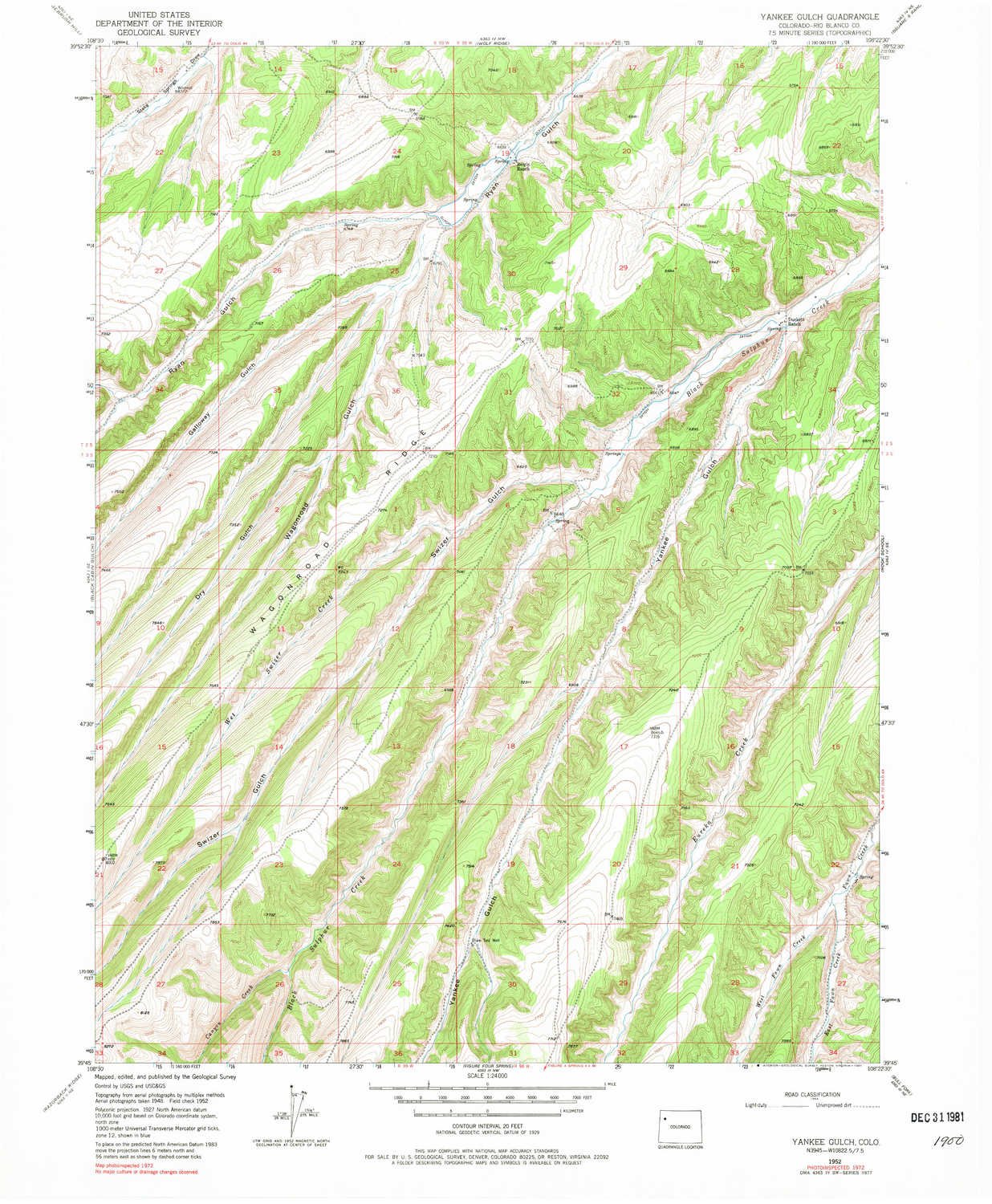 YellowMaps Yankee Gulch CO topo map, 1:24000 Scale, 7.5 X 7.5 Minute, Historical, 1952, Updated 1981, 27 x 22.2 in