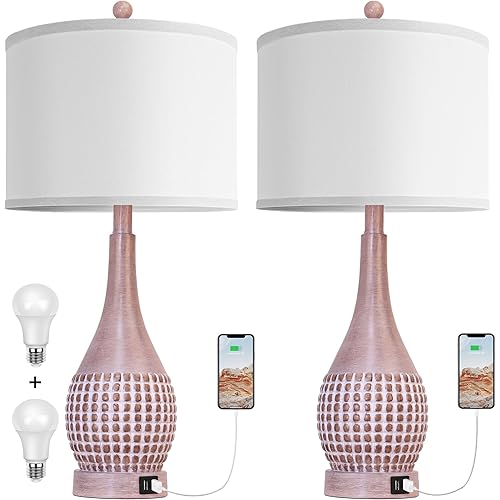 ROTTOGOON Set of 2 Table Lamp with USB Port, 3 Color Temperature Rustic Table Lamp for Living Room, 26.5" Farmhouse Tall Table Lamp for Bedroom, Resin Nightstand Bedside Lamp with 2 LED Bulbs, 9W