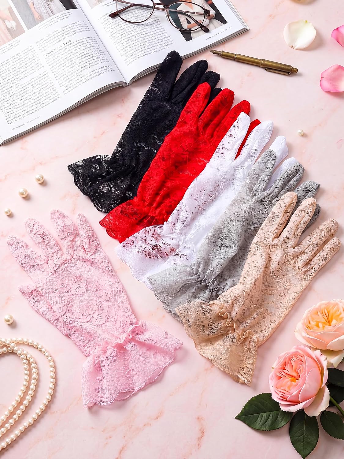 SATINIOR Ladies Lace Gloves for Women Tea Party Elegant Short Courtesy Gloves for Wedding Dinner Opera Parties