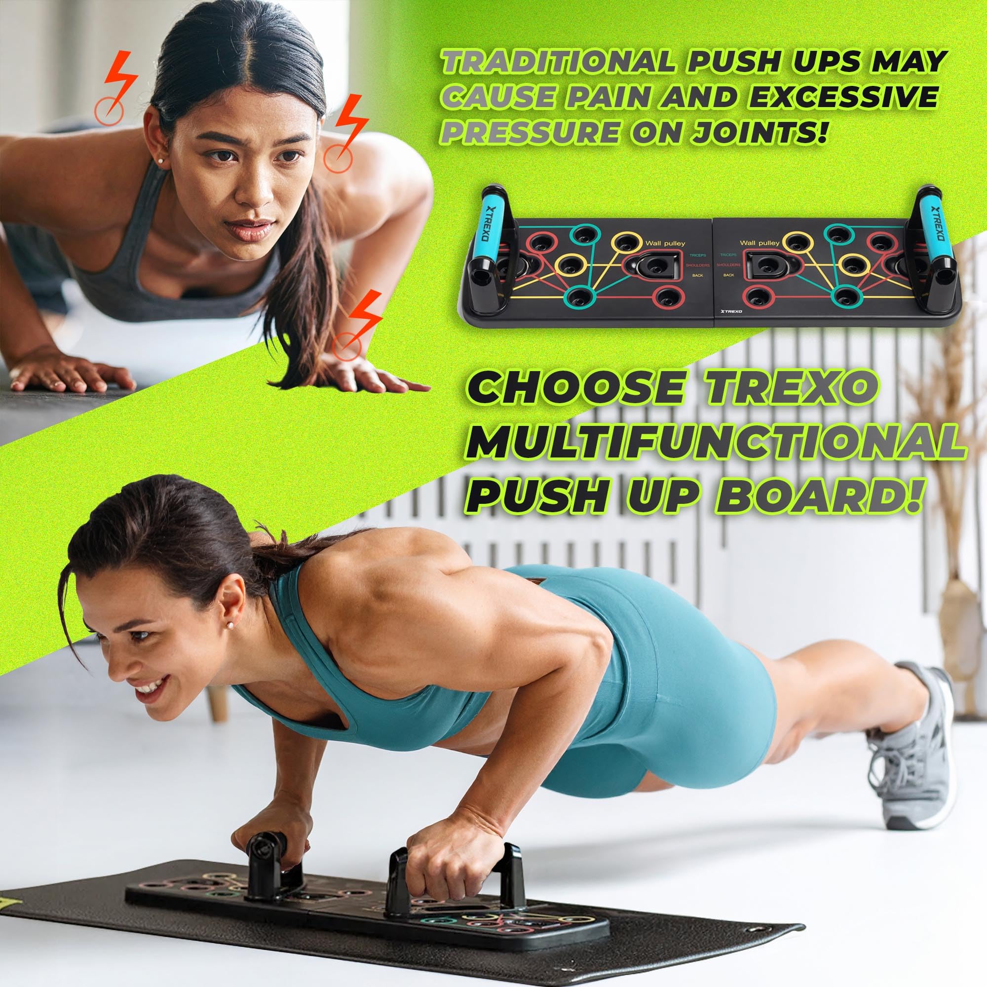 XTREXO Wielofunkcyjna deska do pompek w kolorze czarnym, z kodami kolorystycznymi, urządzenie do fitnessu z tworzywa ABS i TP Comapect, 66 x 20 x 2 cm, uniwersalny trening siłowy, antypoślizgowe