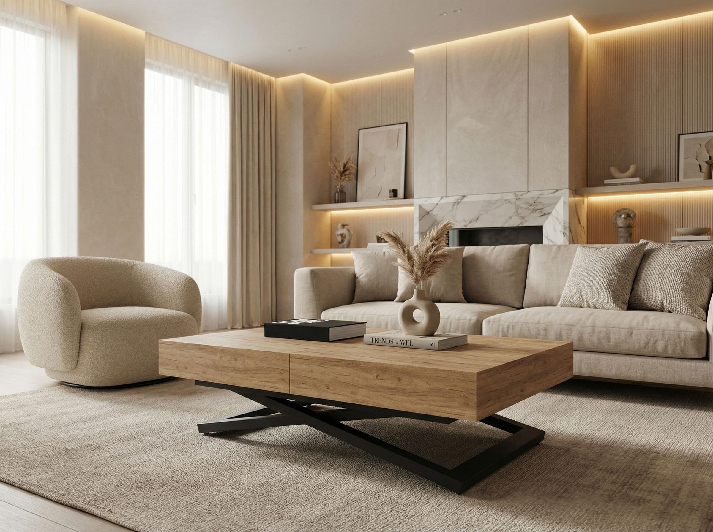 WFL GROUP Height-Adjustable and Extendable Coffee Table Cavetta U Black - Multifunctional Living Room Dining Table 120-200/80/27-76 cm - Made in EU - Craft Oak