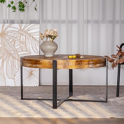 Miniatura 3 de Maotifeys Mesa de centro redonda rústica para sala de estar, mesa de cóctel industrial de madera y metal, mesa central circular de 33.5 pulgadas en